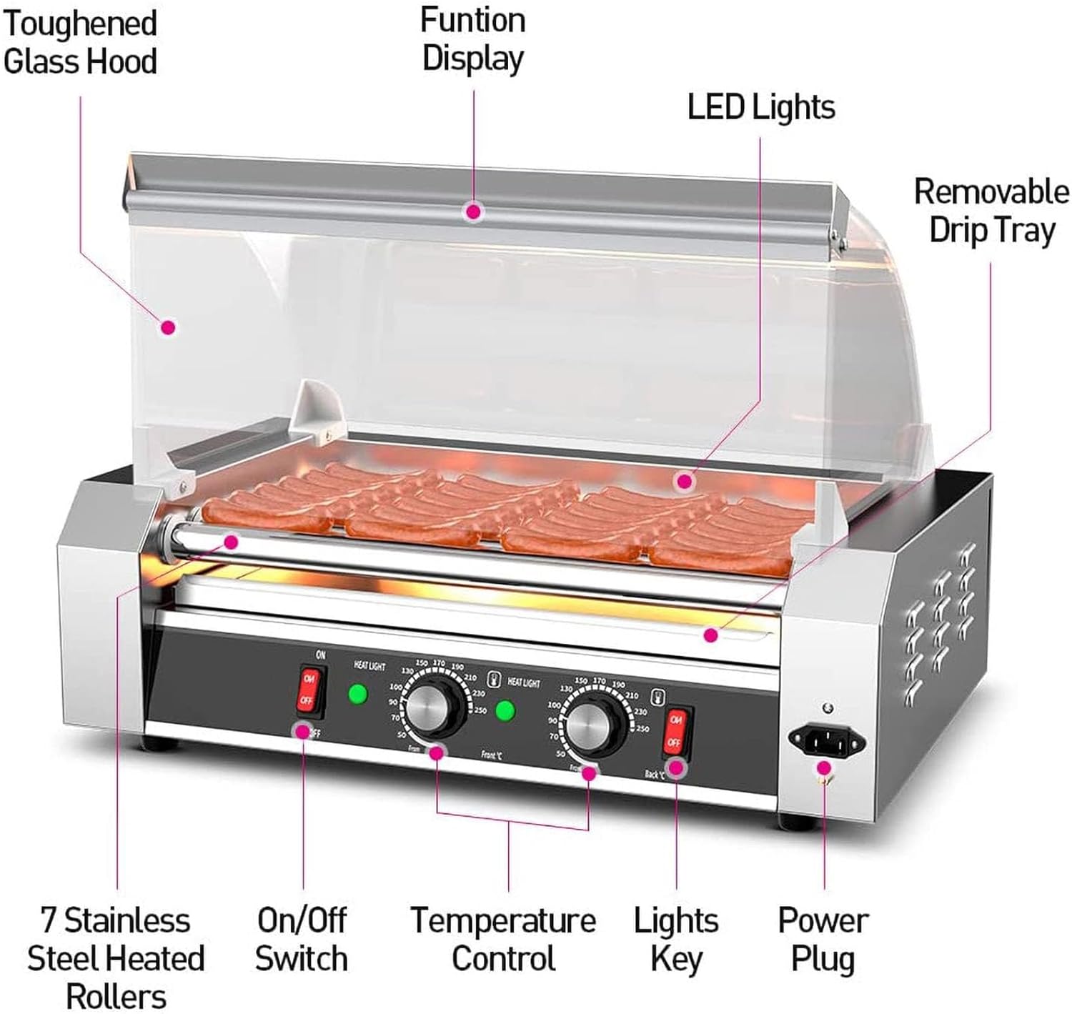 Hot Dog Roller Machine, Sausage Grill, High Power, Stainless Steel Table, Temperature Control, Suitable for Commercial and Home Use
