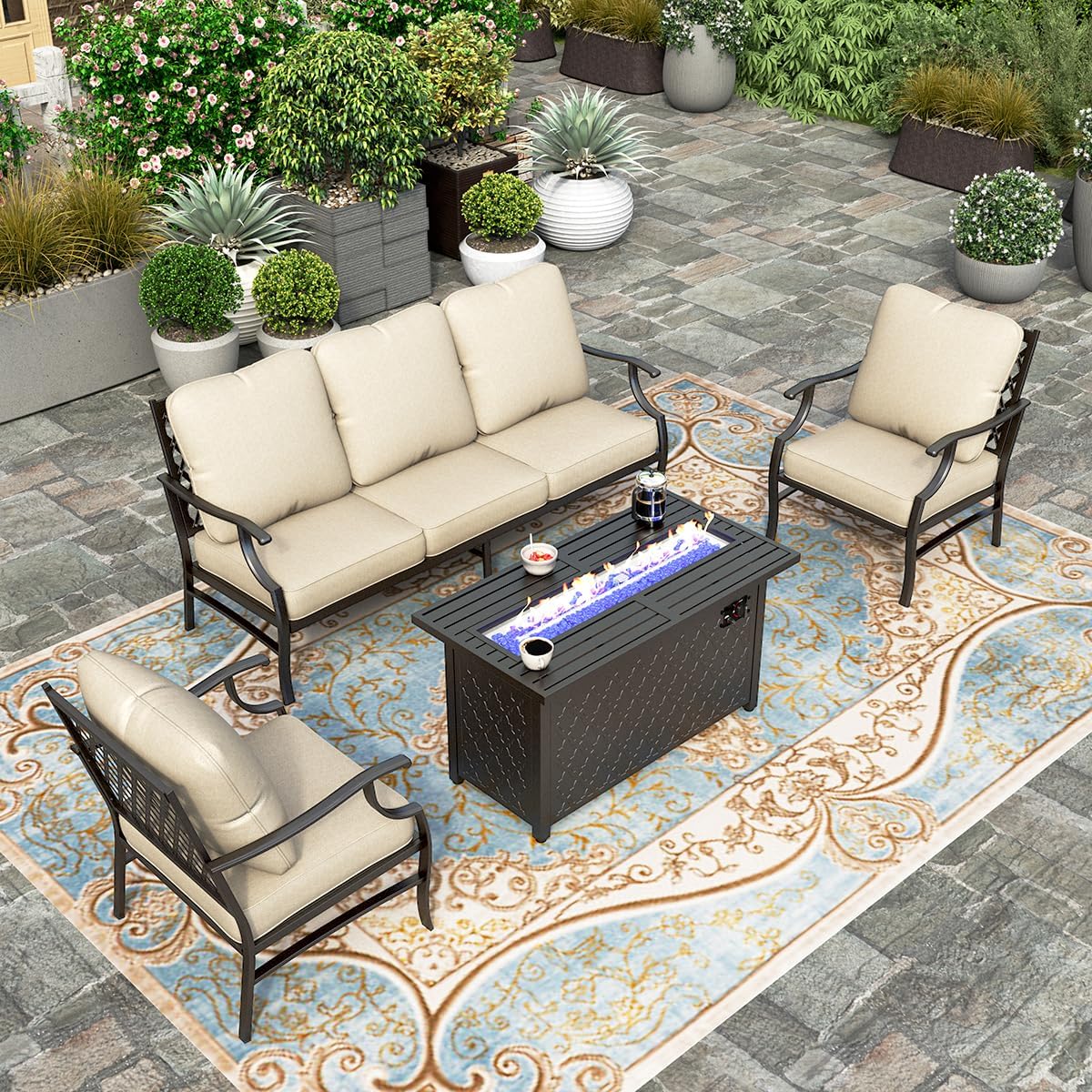 HERA'S HOUSE 4 Pieces Patio Furniture Set with Fire Pit Table, 2 x Single Chair, 3-Seat Sofa with 45
