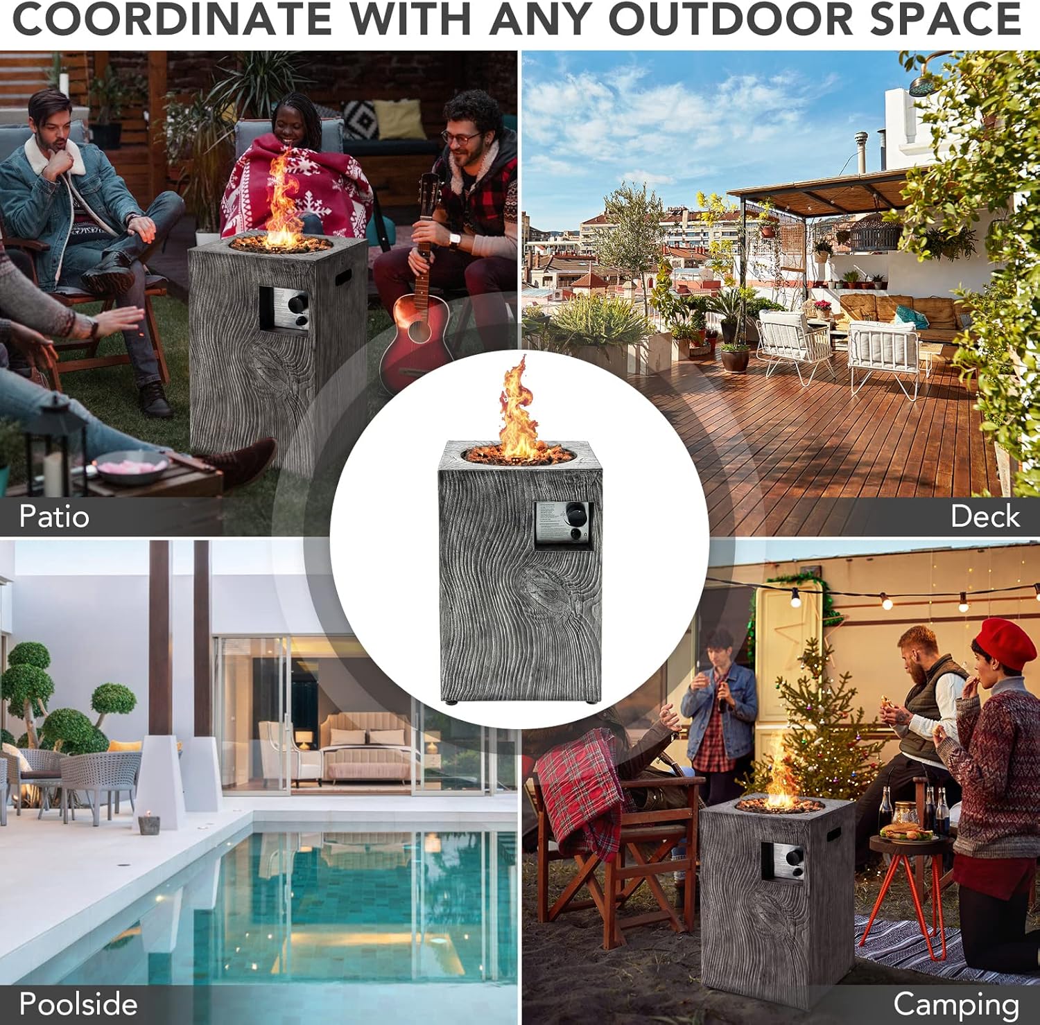 COSTWAY 16-Inch Outdoor Propane Fire Pit, 30,000 BTU Patiojoy Electronic Ignition Square Gas Fire Pit with Protective Cover, Lava Rocks, Touch-up Pen for Backyard, Grey