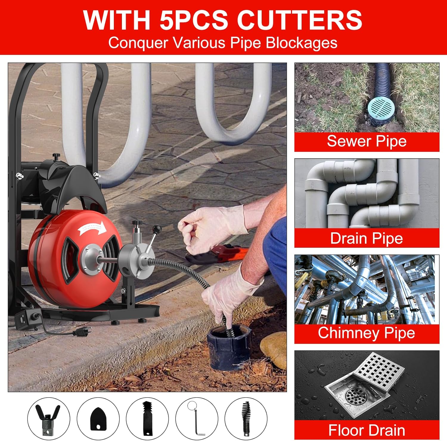 Drain Cleaner Machine, 100FT x 1/2 Inches Auto Feed Sewer Snake Auger, Sewer Snake with 4 Cutters and Pneumatic Foot Switch, for 2