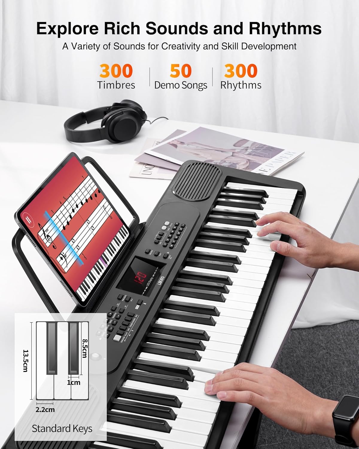 LEKATO 61 Keys Piano Keyboard, Electric Piano with Lighted Keys, 2 Teaching Modes, 300 Timbres & Rhythms, 50 Demo Songs, Vibrato, Synthesis, LED Display and Music Rest, Musician Gift for Beginners
