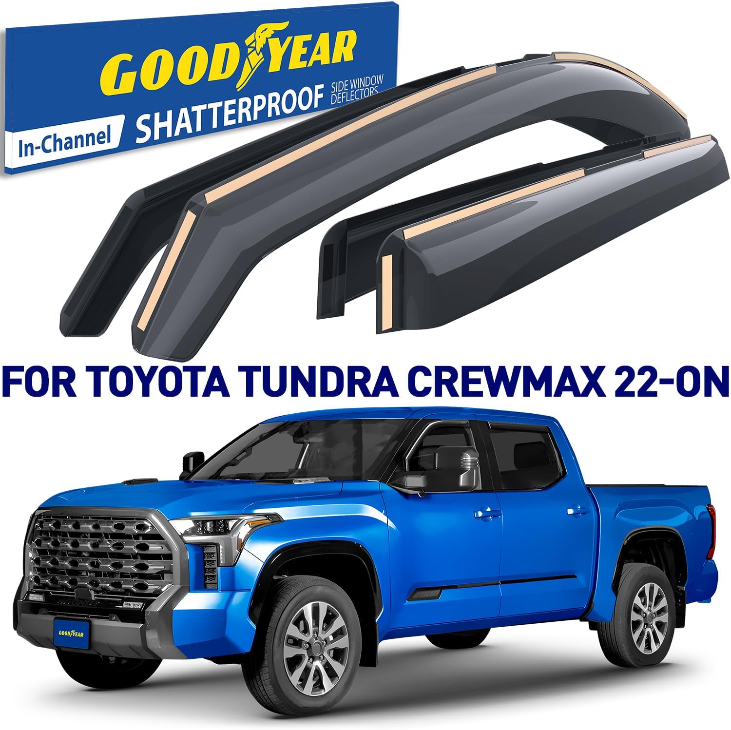 Goodyear Shatterproof in-Channel Window Deflectors for Toyota Tundra 2022-2026 CrewMax, Rain Guards, Window Visors for Cars, Vent Deflector, Car Accessories, 4 pcs - GY007965