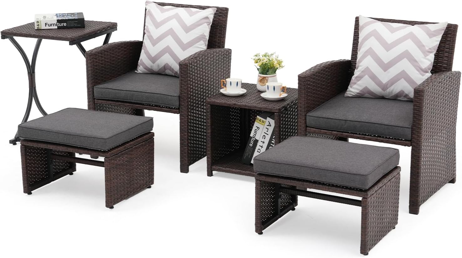 OC Orange-Casual 6 Piece Patio Wicker Furniture Set, Balcony All Weather Rattan Chair, with Space Saving Ottoman, Resin Nesting Coffee Table, Modern Design, Dark Grey