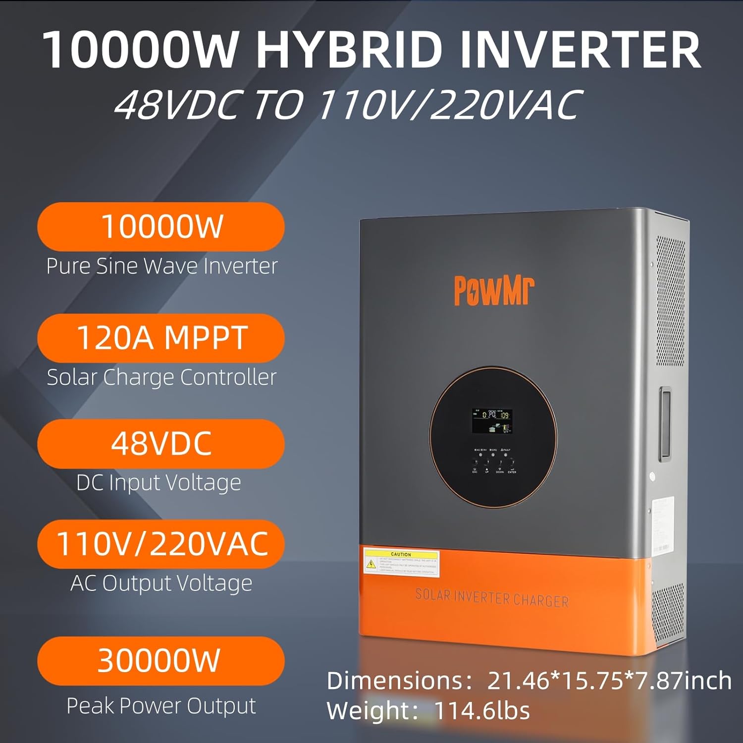 PowMr 10000W Solar Inverter 48VDC to 110V/220VAC, 10kW Hybrid Inverter w/Built-in 120A MPPT Charge Controller, Pure Sine Wave for 48V Lead-Acid and Lithium Battery, Peak Power:30000W