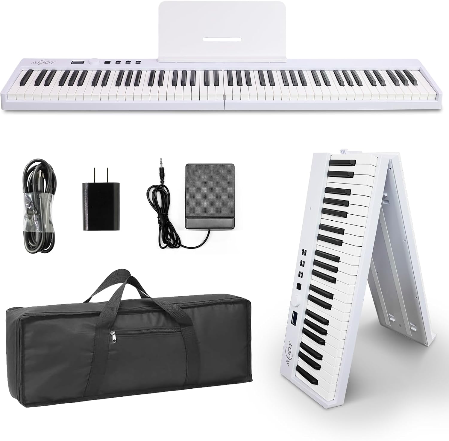 AiJoy ASP-10F 88 Key Piano Keyboard with Semi-Weighted Keys Portable Folding Piano, 128 Tones, Speakers, USB-MIDI, Carry-Bag, Sustain Pedal, Stand Electric Keyboard Piano for Beginners, White
