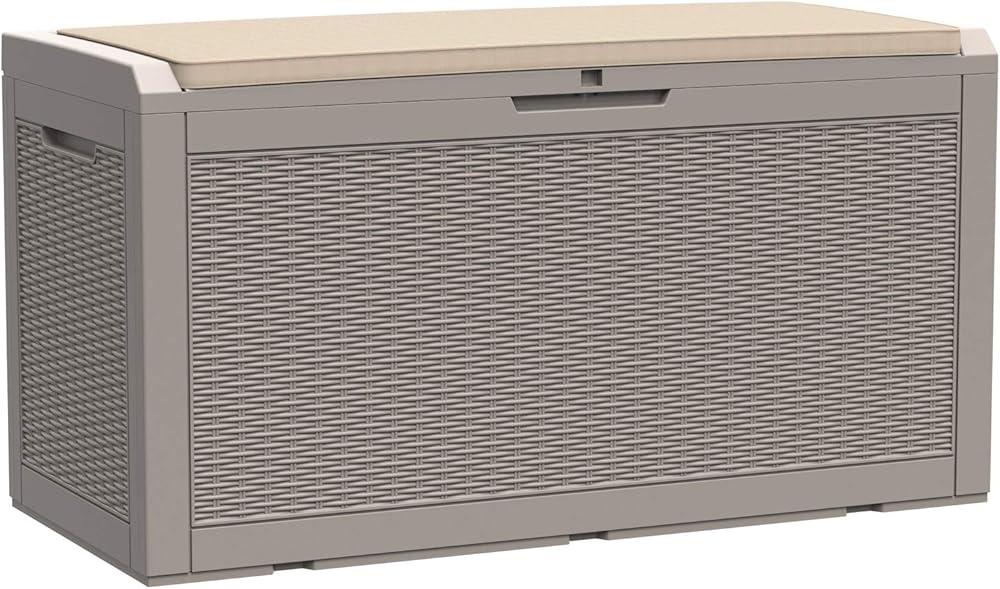 Modern-Depo 100 Gallon Polypropylene PP Deck Box Indoor Outdoor Waterproof Lockable Organization Container & Storage Bin Delivery Box with Cushion, Gray