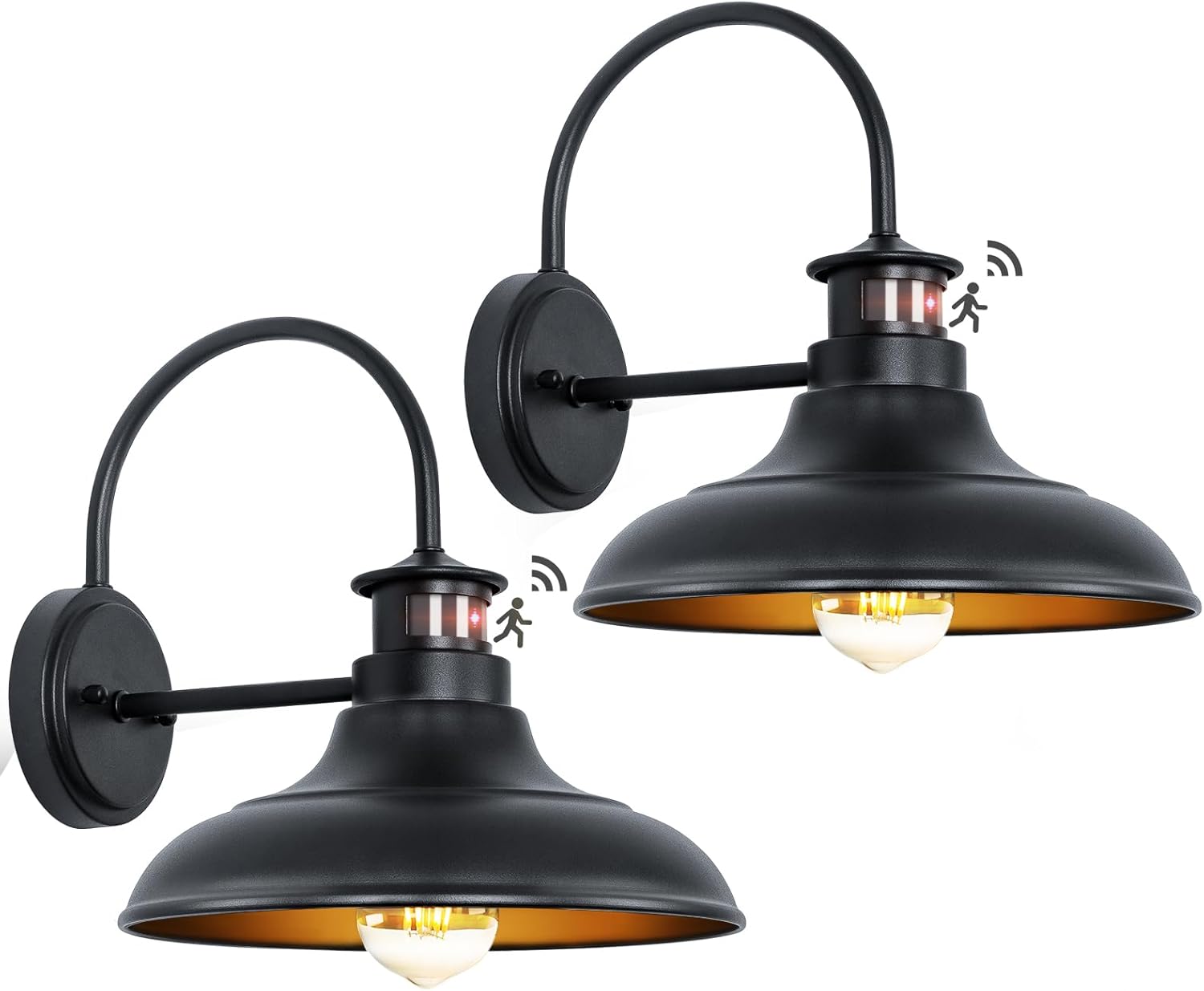 2 Packs Motion Sensor Outdoor Barn Lights - Dusk to Dawn Farmhouse Gooseneck Barn Light, 12in Large Black Porch Light Fixture Wall Mount, Exterior Wall Lighting Fixture for Garage Patio Doorway