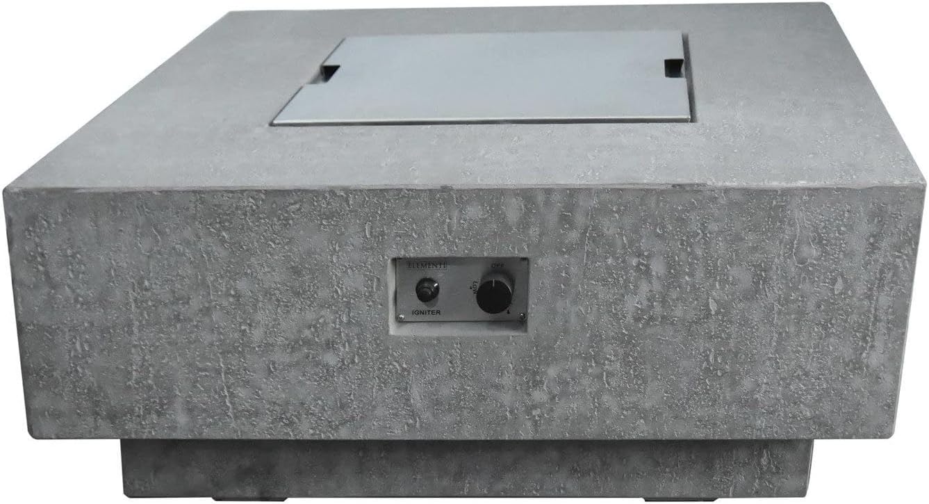 Elementi Manhattan Fire Pit Bundle Outdoor Firepit Set Includes 36” Natural Gas Concrete Firepit Table, Glass Windscreen, Stainless Steel Cover, Canvas Cover, Floor Mat, Ice Bucket