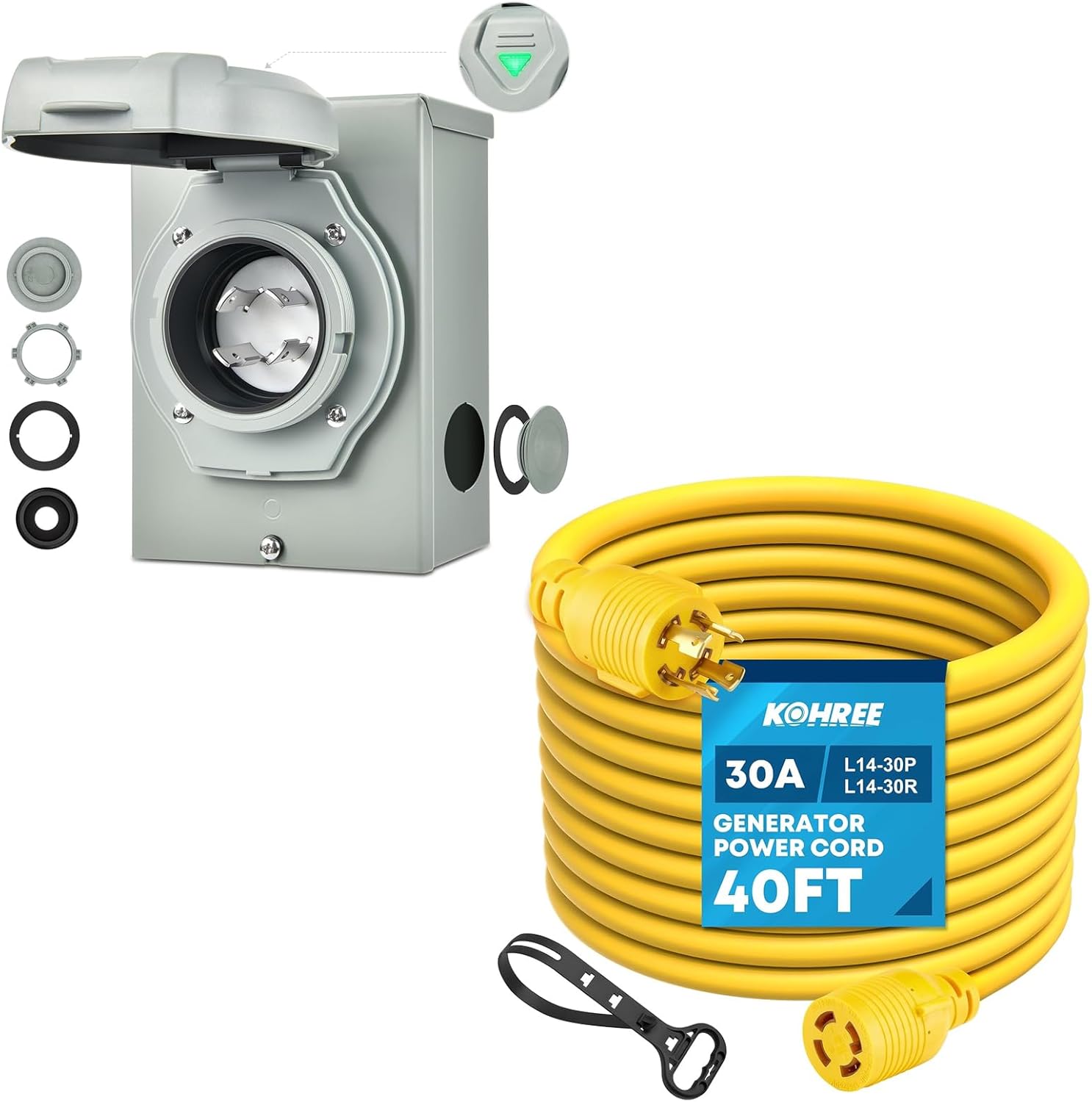 30 Amp Generator Extension Cord 40 FT + 30 Amp Generator Power Inlet Box