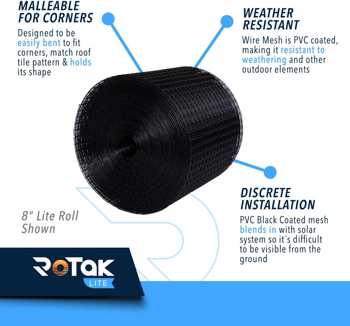ROTAK Critter Guard - 8in x 100ft Solar Panel Bird Guard with Fastener Clips - Galvanized Black PVC Coated ½ inch Wire Roll Mesh (6