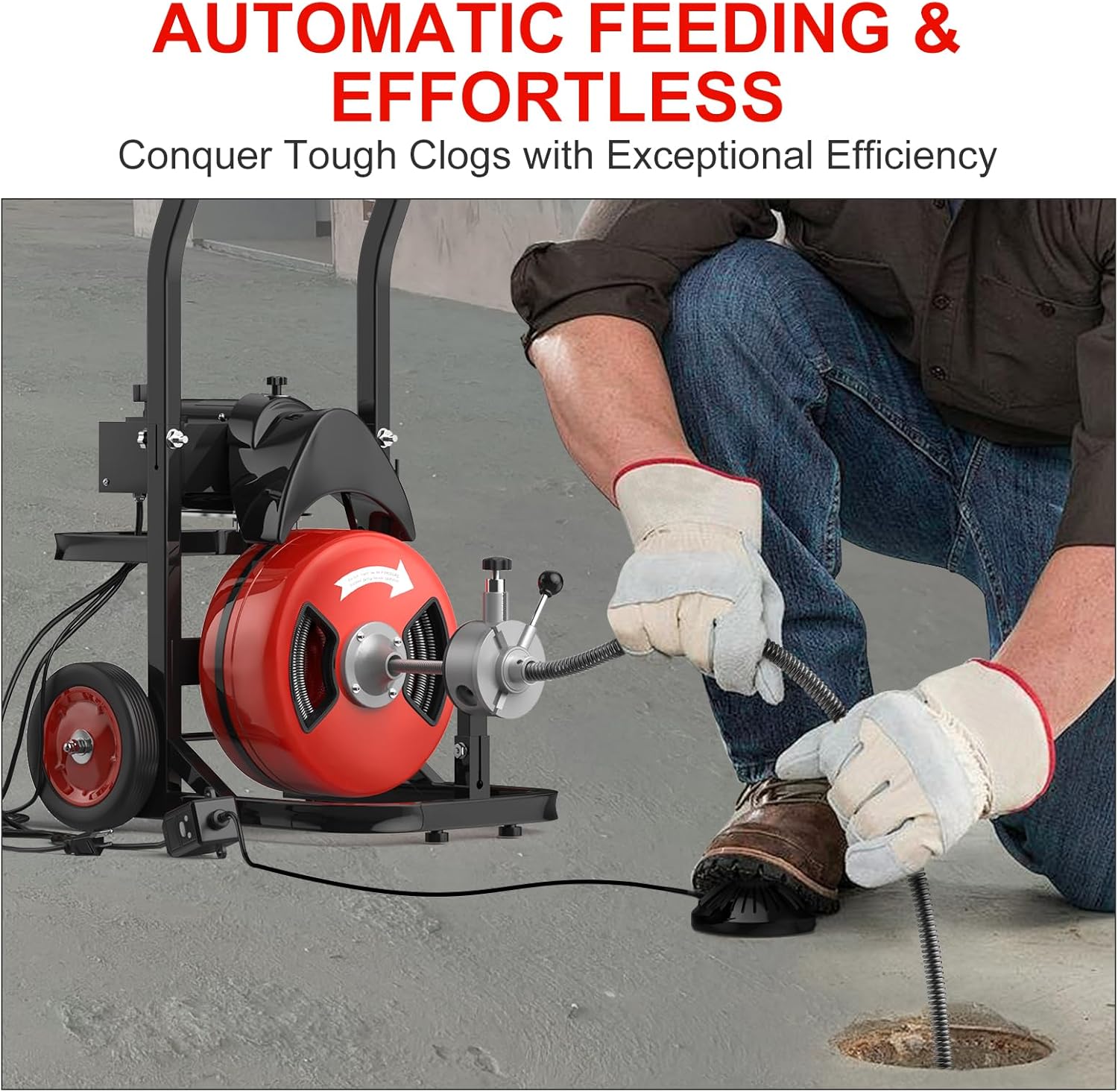 Drain Cleaner Machine, 100FT x 1/2 Inch Auto Feed Sewer Snake Auger, 450W Electric Drain Auger, Sewer Snake with 6 Cutters and Pneumatic Foot Switch, for 2