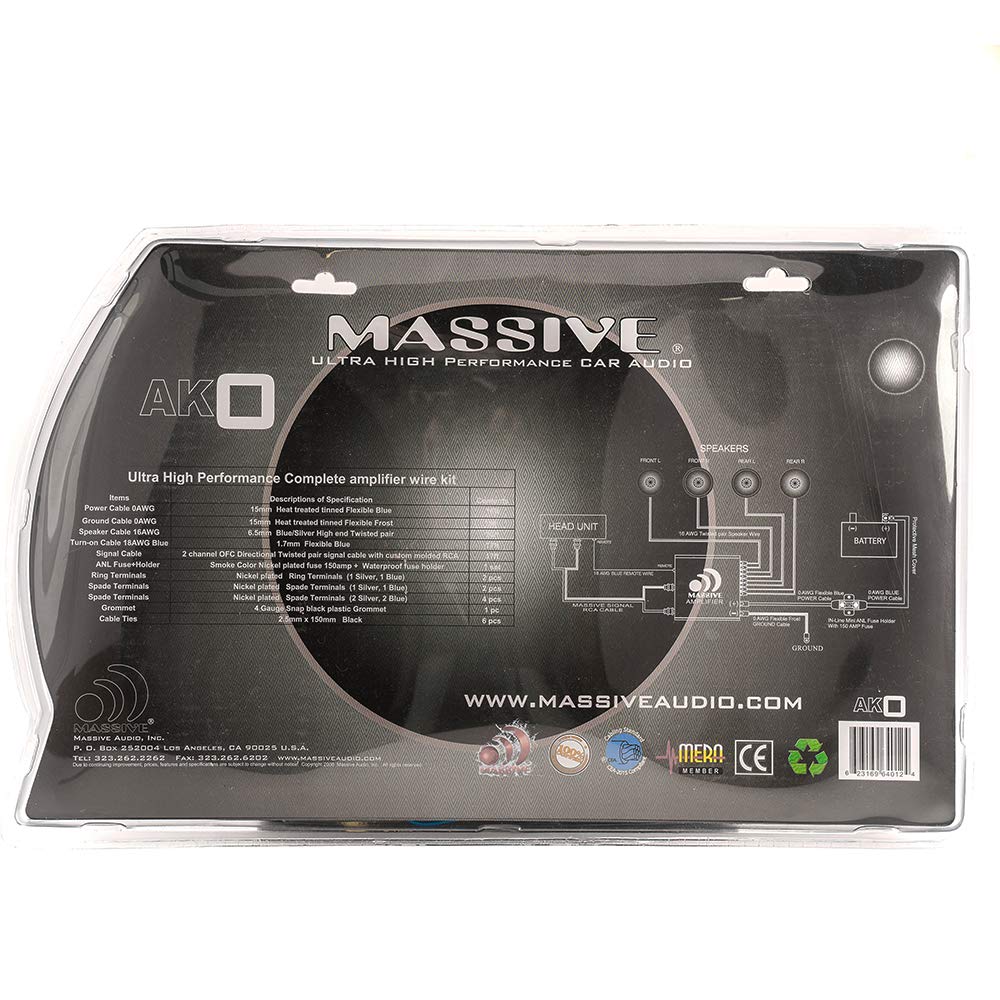 Massive Audio AK0 0 | AWG Amplifier Installation Wiring Kit - Premium 0 Gauge Power & Ground Cables with Fuse Holder for Car Audio Systems