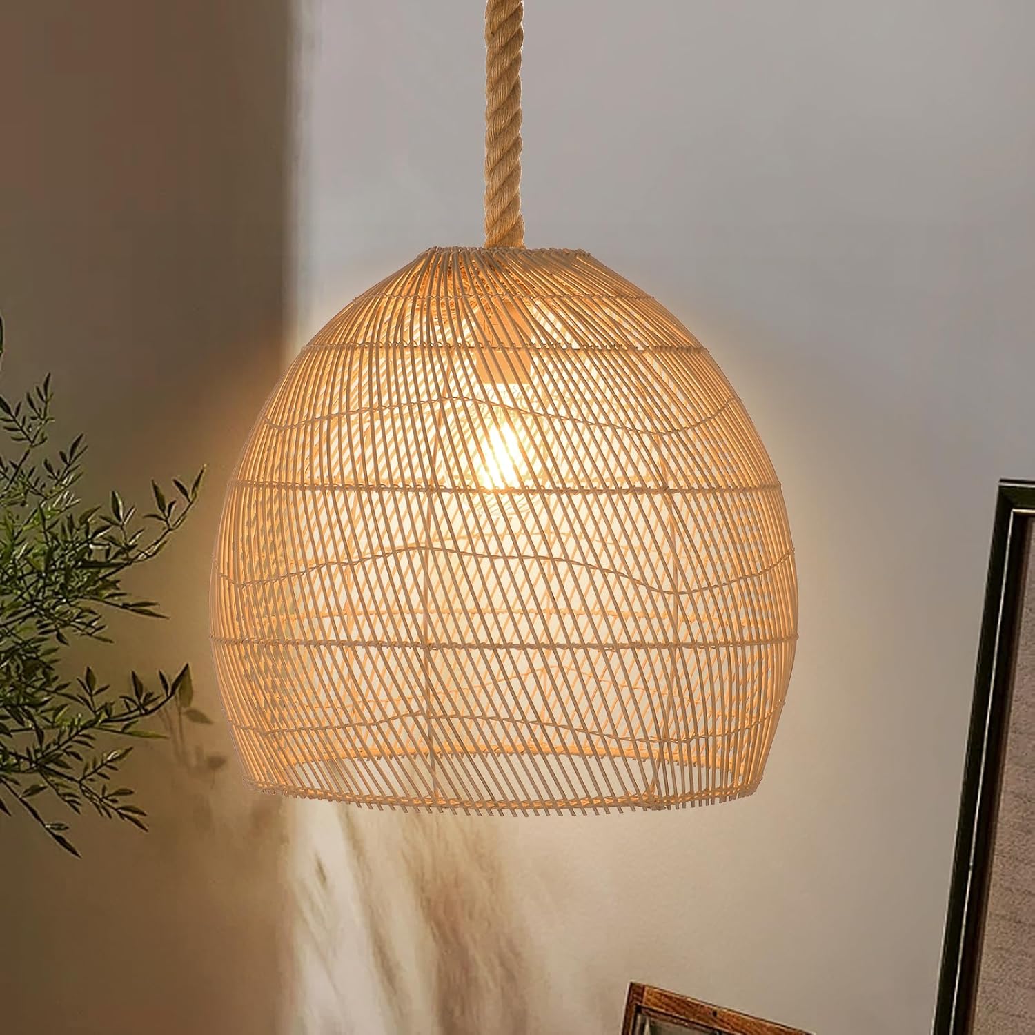 Arturesthome Natural Rattan Pendant Light for Kitchen Island, Woven Lamp Shade Chandelier, Hanging Ceiling Light, Handmade Lampshade Rope Lamp D15.7in*13.7in