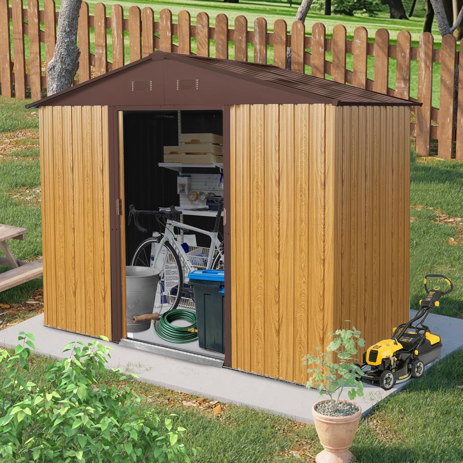8ft x 4ft Outdoor Metal Storage Shed with Foundation - Waterproof Garden Tool Bike Sheds Kit, Lean-to Backyard Storage Building Cabinet for House,Coffee