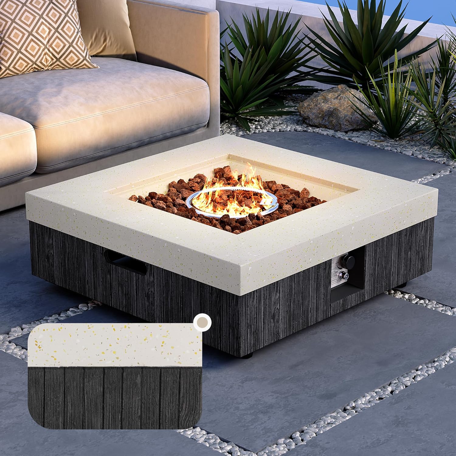 35inch Square Outdoor Propane Fire Pit Table-Black & White Finish,50000 BTU Auto-Ignition,CSA Certified,with Lava Rocks & Waterproof Cover for Patio,Garden,Deck