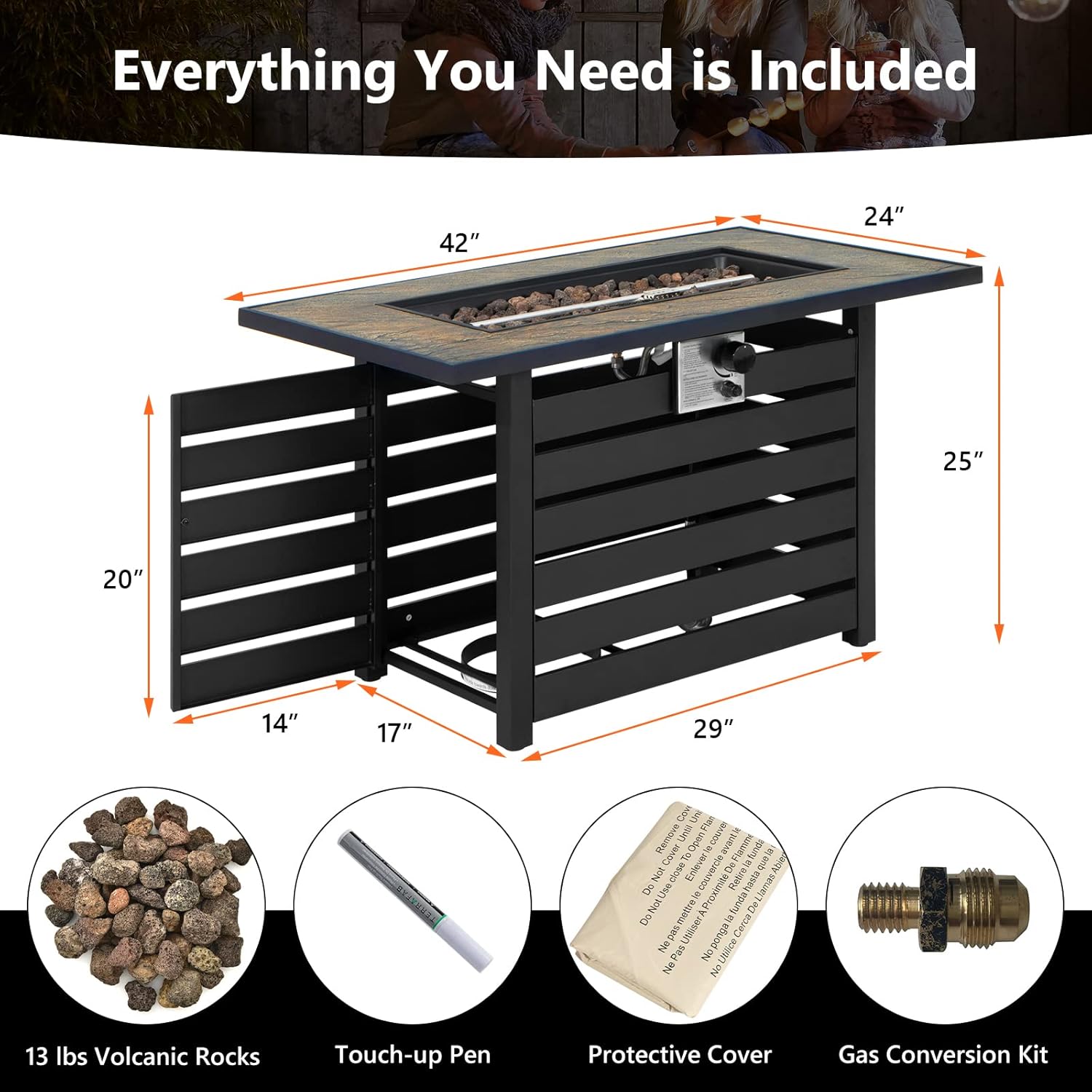 Tangkula 42 Inch Outdoor Gas Fire Pit Table, Patiojoy 50,000 BTU Rectangular Propane Fire Pit w/Ore Powder Tabletop, Lid, Lava Rocks & Waterproof PVC Cover for Patio, Garden, Backyard, Poolside