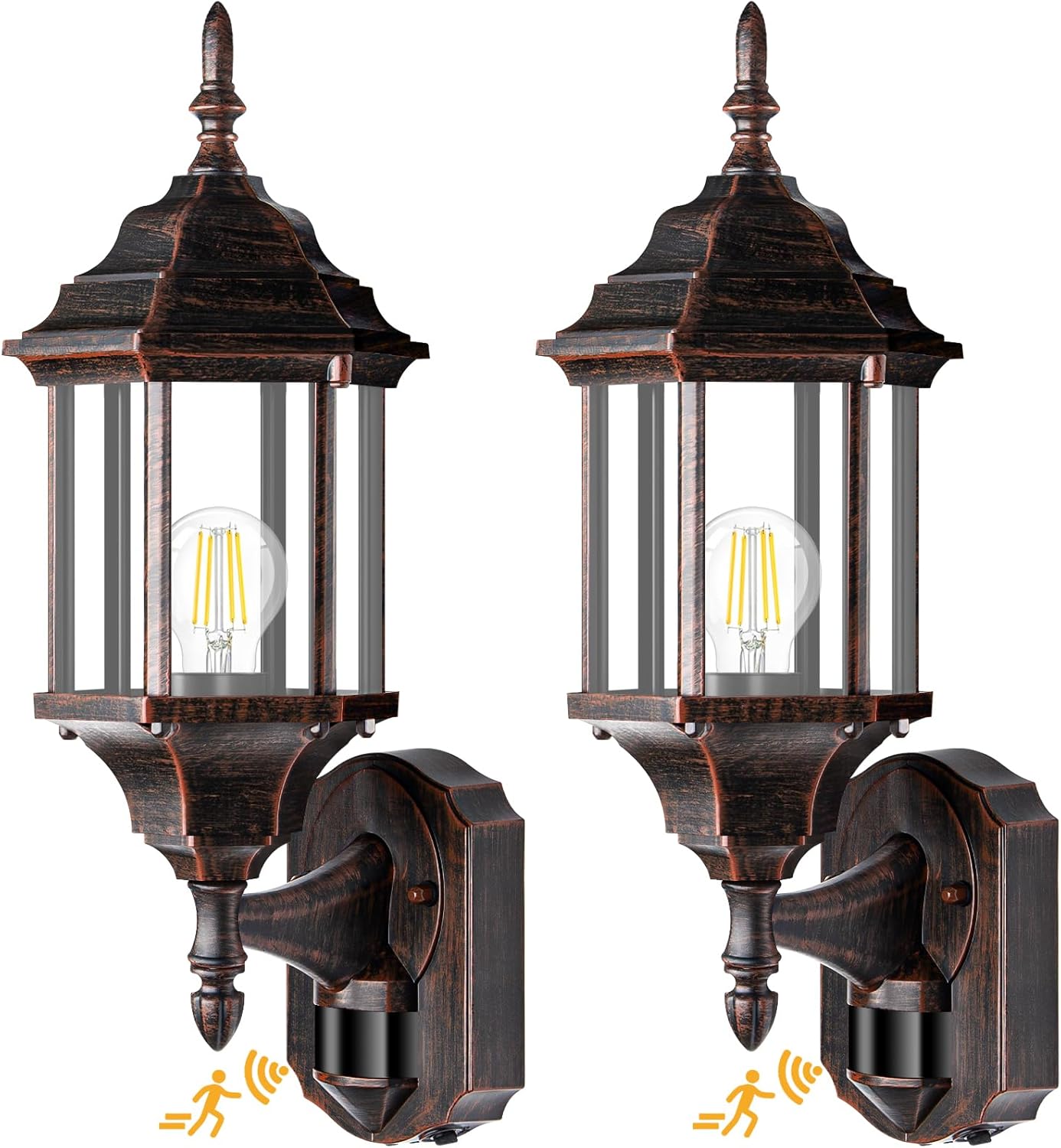 Redluck Motion Sensor Outdoor Lights, 2 Pack 16 inch Dusk to Dawn Outside Porch Lights, Waterproof Anti-Rust Aluminum Outdoor Wall Lights for House, Garage, Front Door, Antique Black and Bronze Gold