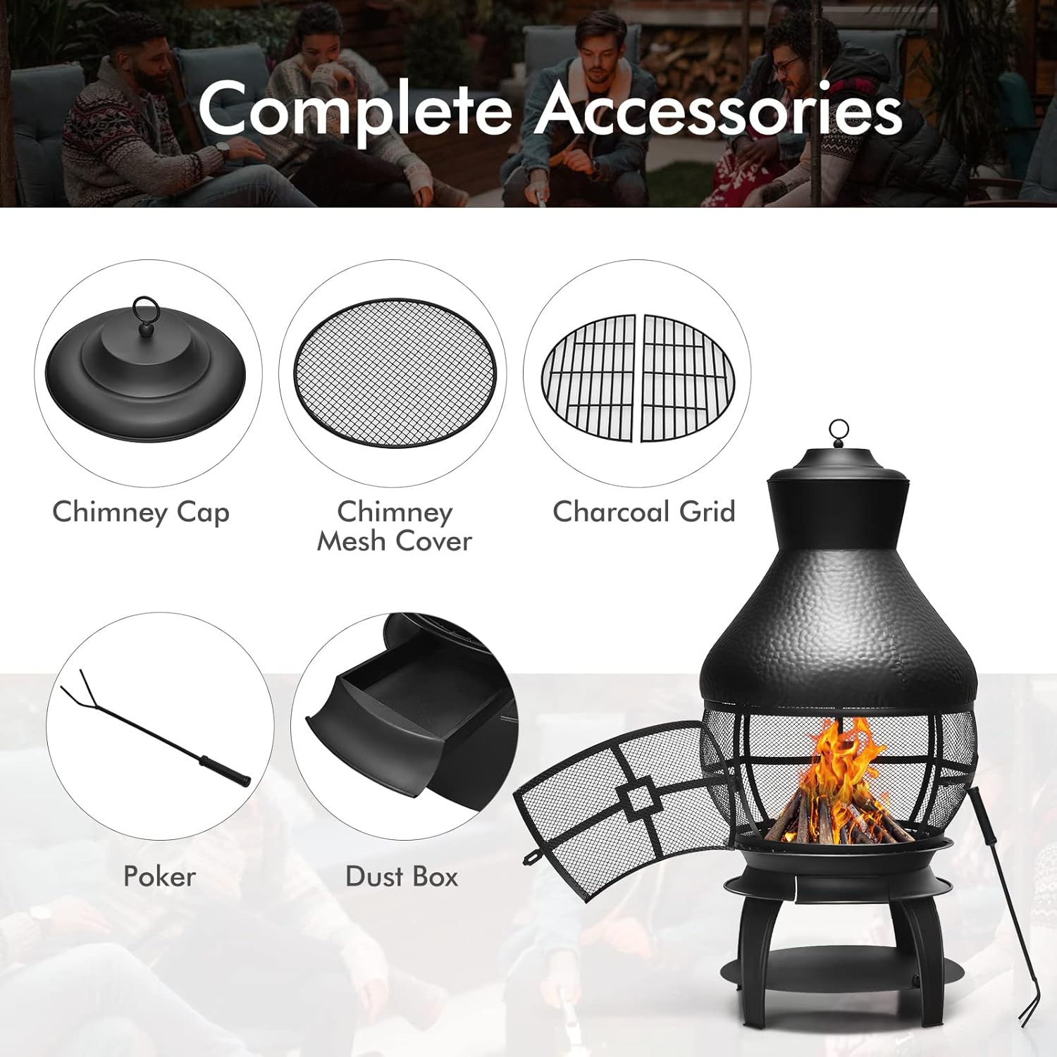 Outdoor Fire Pits 22 Inch, Wood Burning Fire Pit Metal Firepit Bonfire Pit Firebowl with Poker for Patio, Garden, Camping, Heating, BBQ, Black