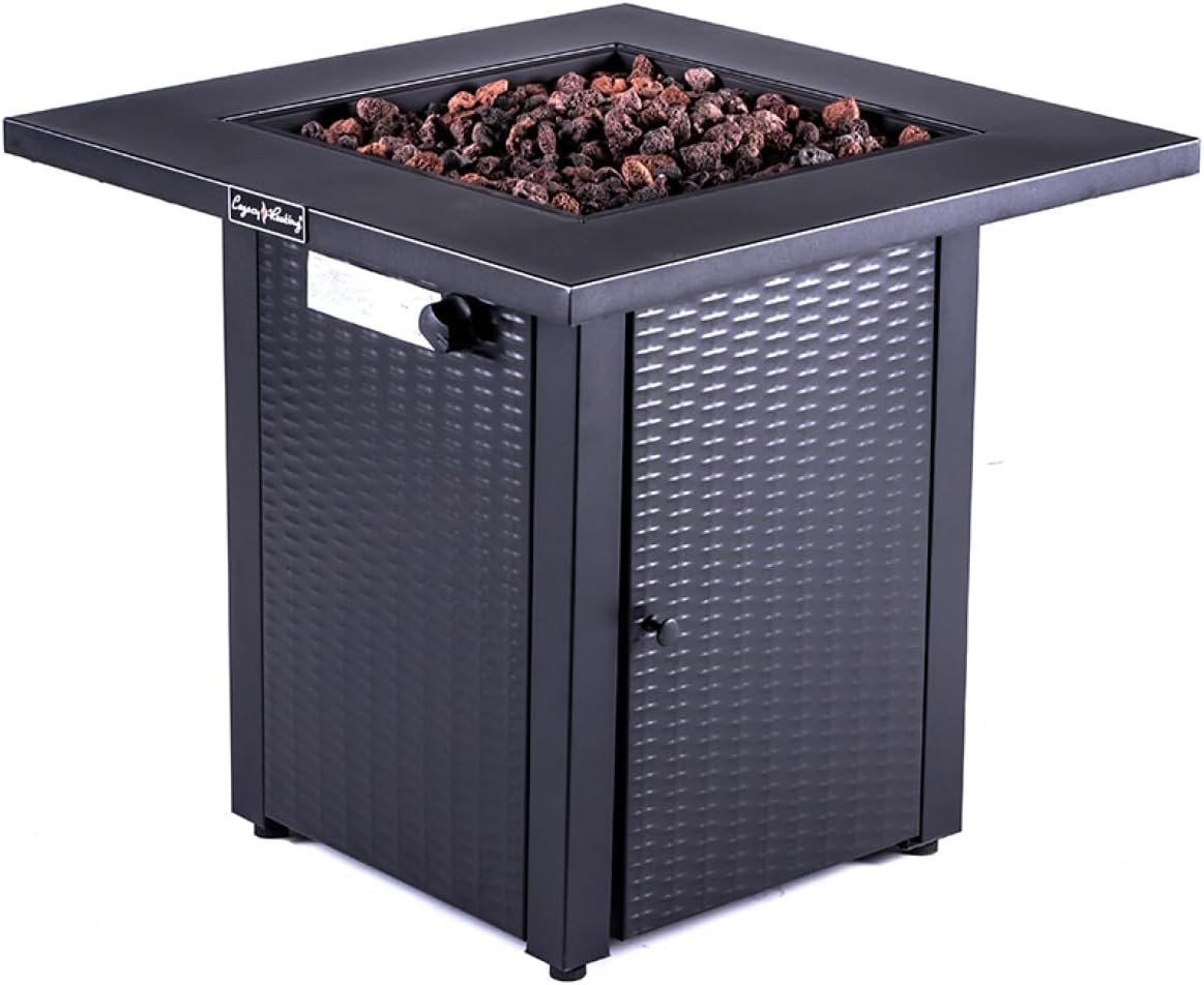 28 Inch Outdoor Square Propane Fire Pit Table, Wicker-Look Gas Fire Pit with 50,000 BTU Heat Output, Rust-Resistant Steel, Outdoor Dining and Heating Table with Lava Rocks and Lid