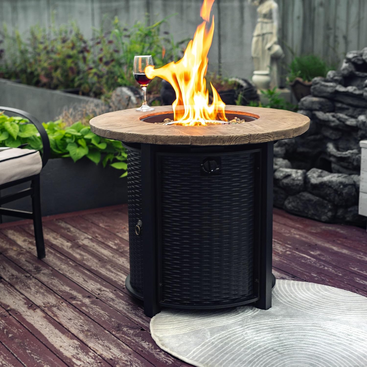 30-inch Round Propane Fire Pit Table, 50000 BTU Outdoor Patio Heater with Wood Grain Finish & Glass Stones, Smoke-Free Steel Firepit for Deck Garden Backyard