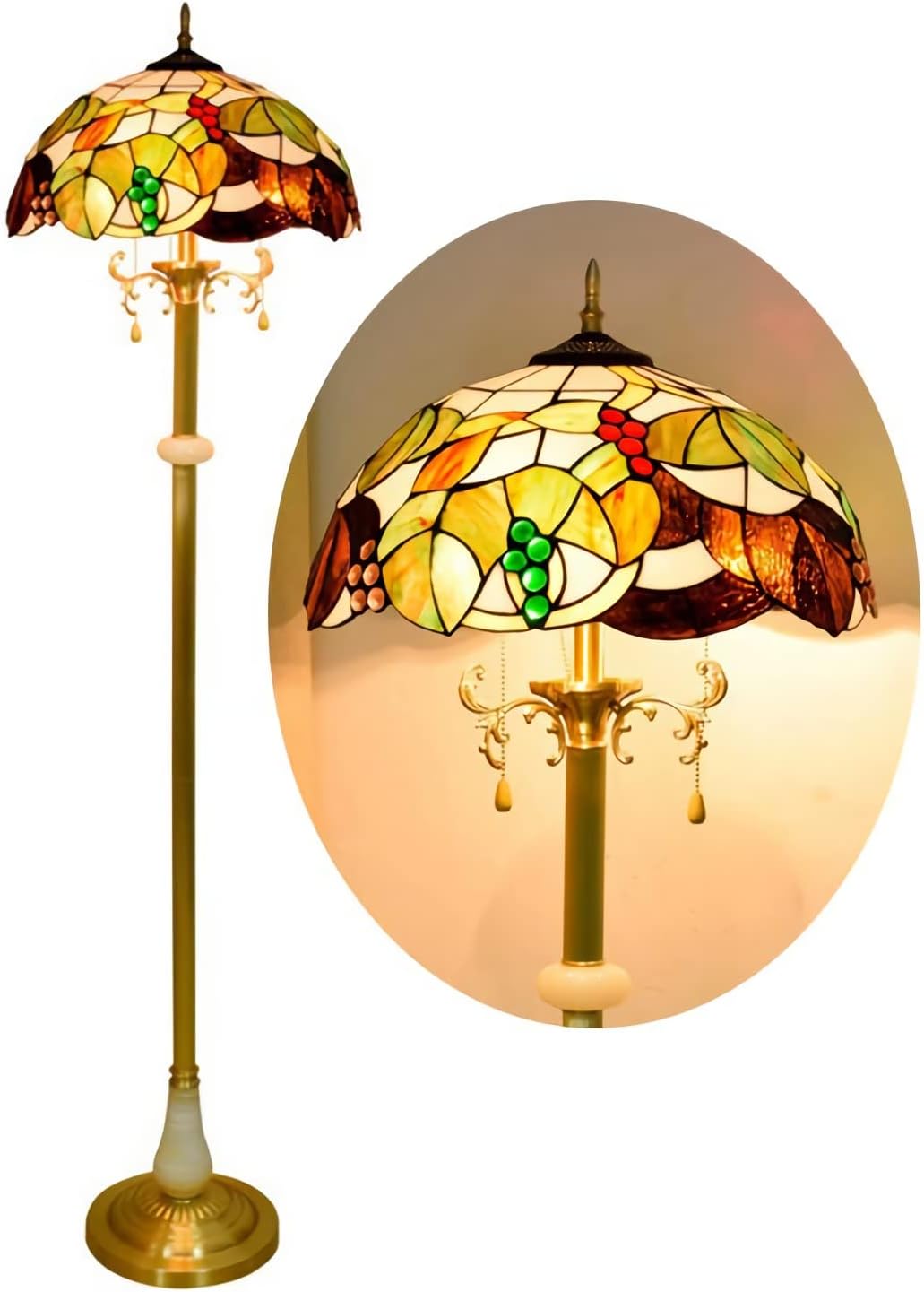 16 Inch Tiffany-Style Floor Lamp, Brown Stained Glass Standlamp, Vintage All Copper Base Readlight for Bedroom Office
