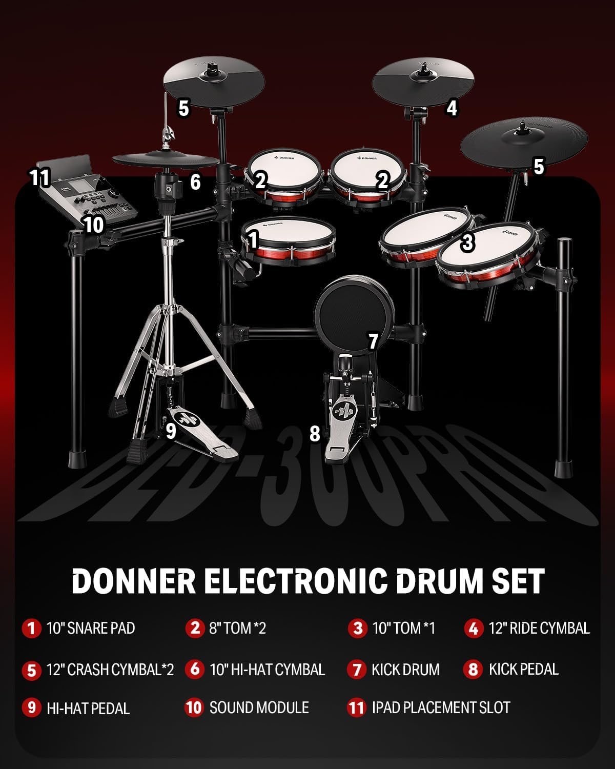 Donner Electric Drum Amp 200W, Peak Power 1000-Watt Wireless Professional & Donner Electric Drum Set, DED-300 Pro Electronic Drum Kit Quiet with Triple Zone Ride