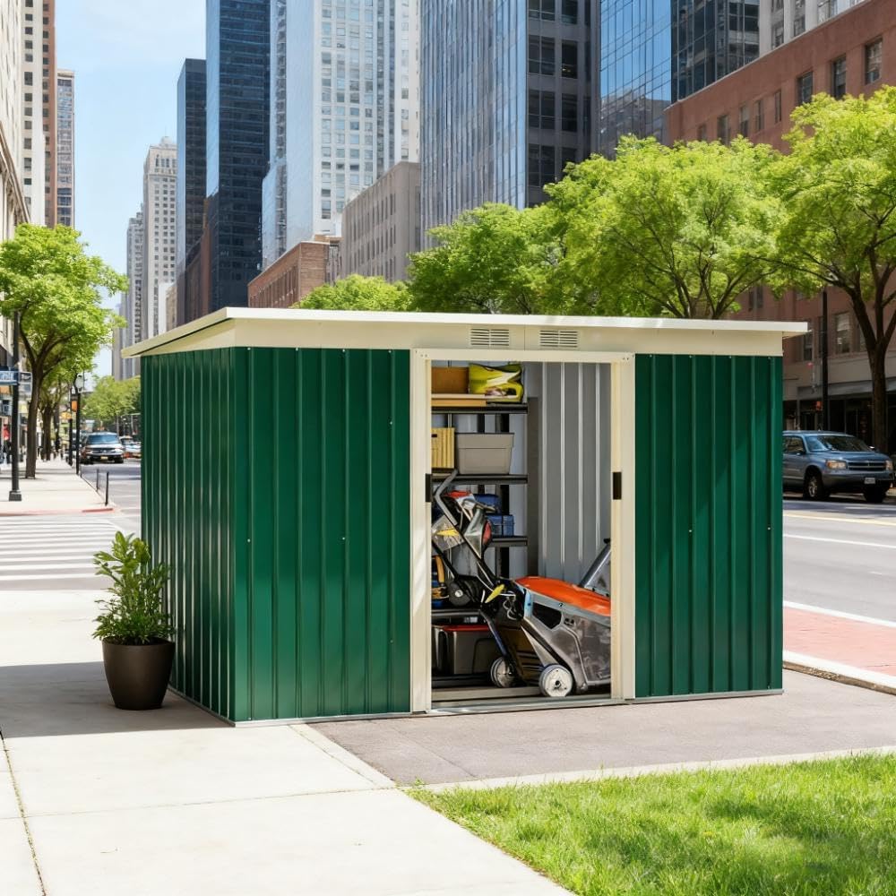 Outdoor Storage Shed, Green Steel Garden Tool House with Double Lockable Doors, 110.3x51.3x67.8 Inches, Sloped Roof, Ventilated Design