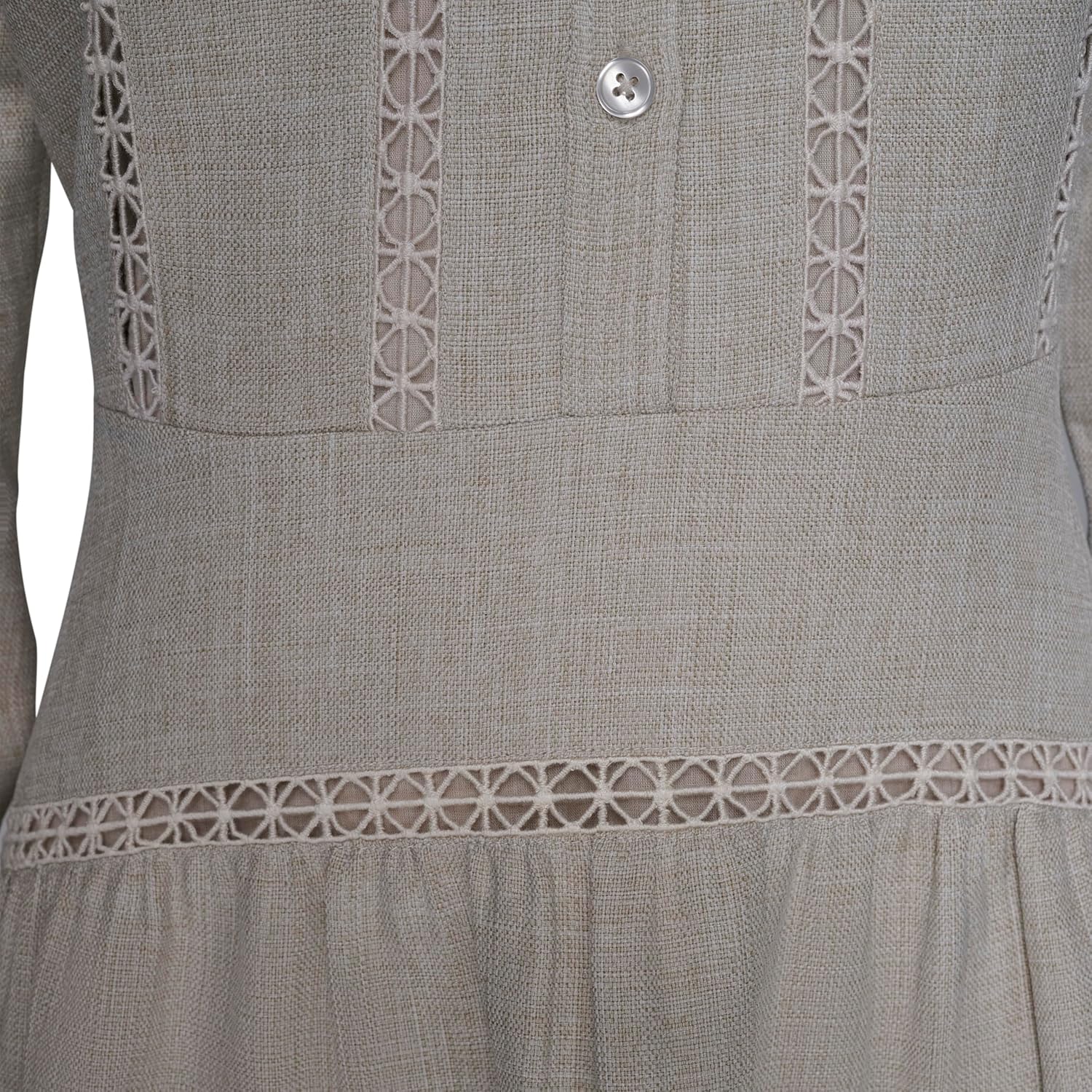 Karl Lagerfeld Women's Long Sleeve Collared Faux Linen Lace Trim Tiered Dress