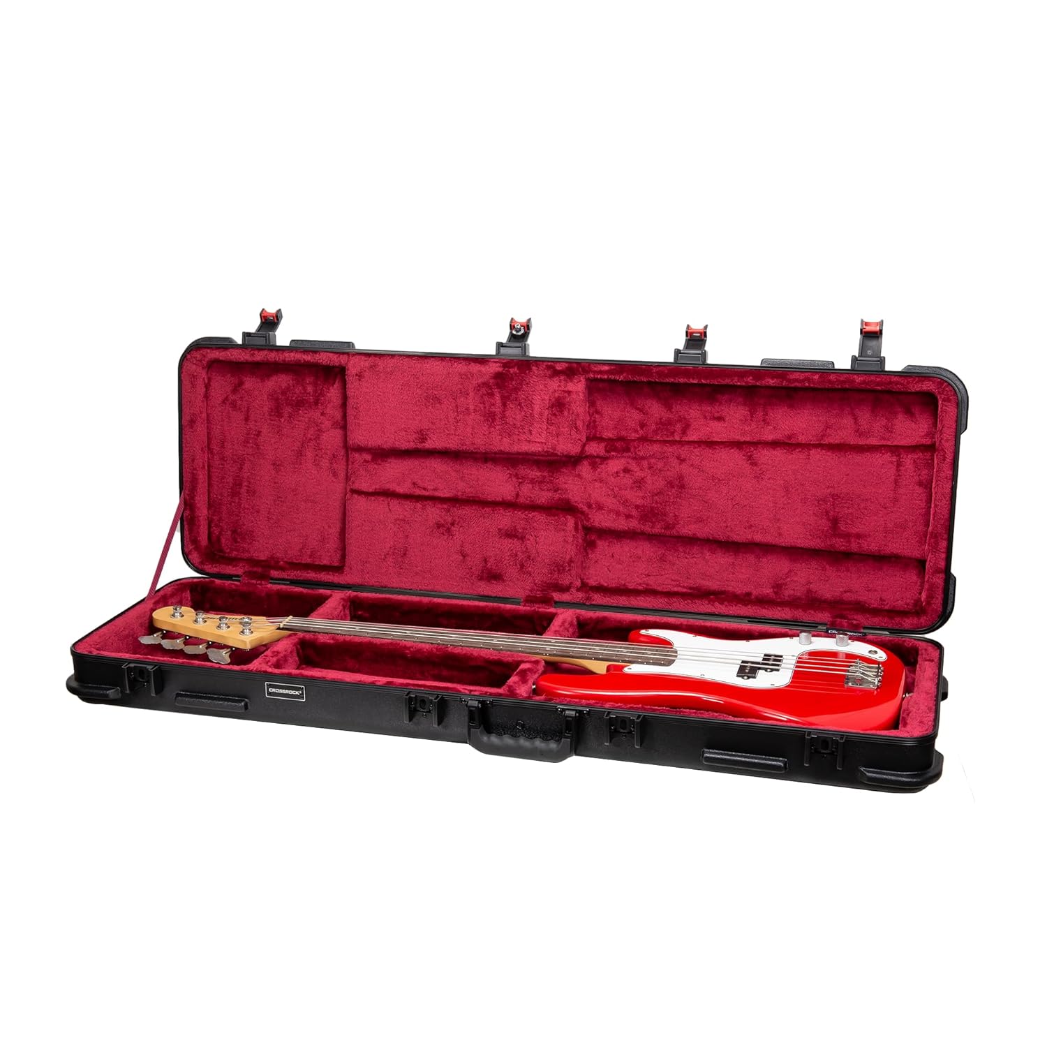 Crossrock ABS Bass Guitar Flight Case for Fender Jazz & Precision | Black Matte Finish, Burgundy Velvet Interior, TSA Lock – Premium Molded Series