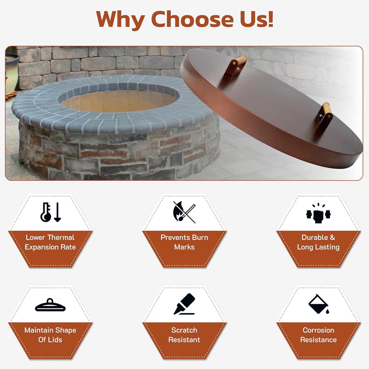 25.5” firepit lid round for inside up to 23” gas fire pit lid for Outdoor Fireplace Cover Lid Steel fire pit metal cover W/ Wooden Handle & Bronze Coated Snuffer Lid for Round Patio Fire Pit Ring