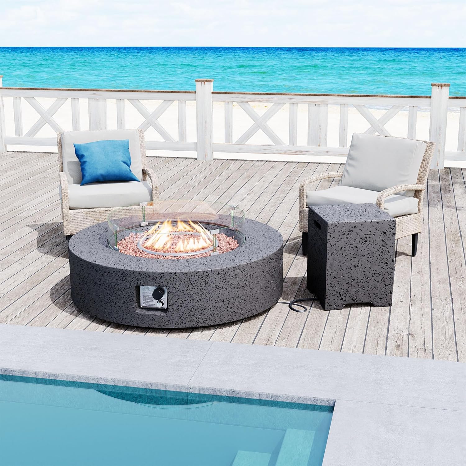 SUNBURY 42in Round Outdoor Fire Pit, Propane Gas Patio Fire Table, CSA Certified, 50000 BTU Firepit with Lava Rocks, Wind Guard, Propane Tank Cover, Waterproof Cover (Grey)