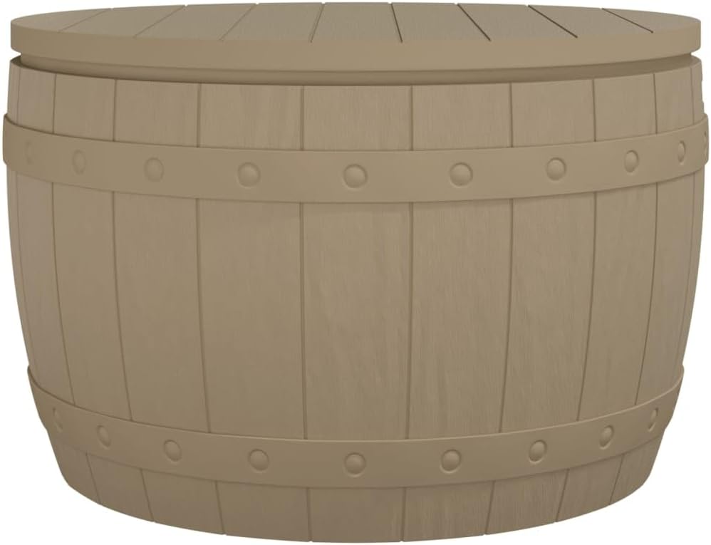 Round Deck Box, Outdoor Storage Box and Patio Table for Outdoor Cushion Storage, Pool Accessories, Outdoor Toys, Easy Assembly & Lightweight, Light Brown 26.6