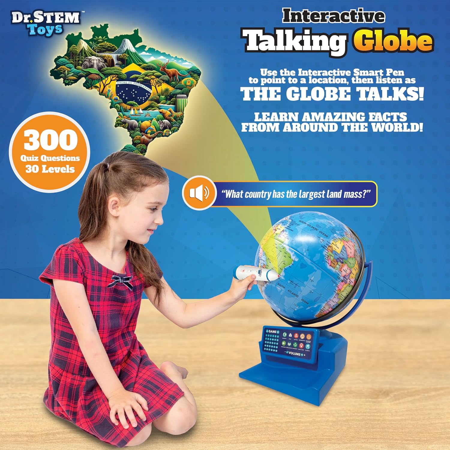 Dr. STEM Toys Interactive Talking Globe with Smart Pen, Game Panel, 300+ Geographic Quiz Questions, Touch & Learn, Music, and More - Educational Toy for Kids Ages 6+