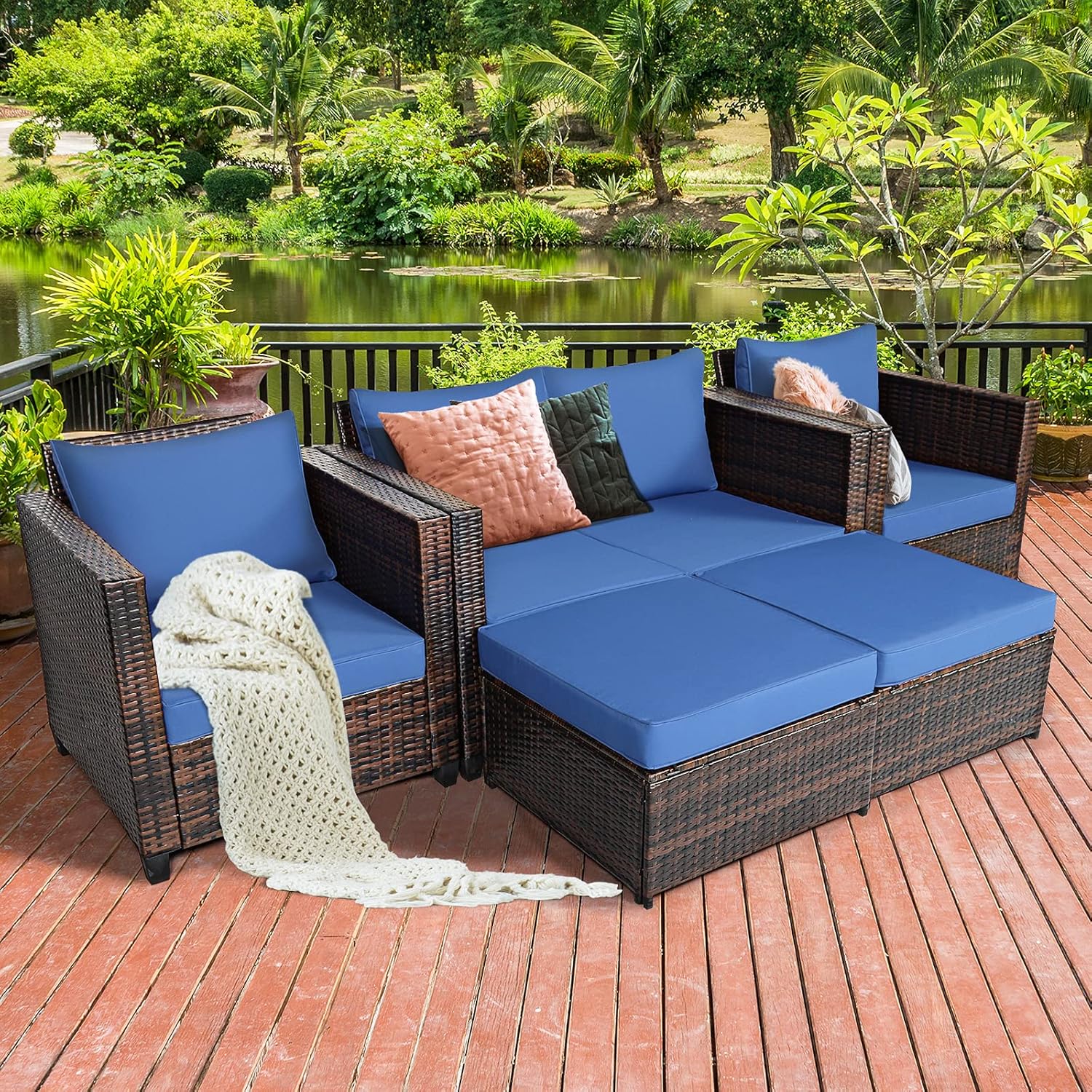 Tangkula 5 Pieces Patio Wicker Furniture Set, Outdoor Rattan Sofa Set with Removable Cushions, Loveseat with 2 Single Sofas & 2 Ottoman, Sectional Sunbed Conversation Set for Yard, Garden, Poolside