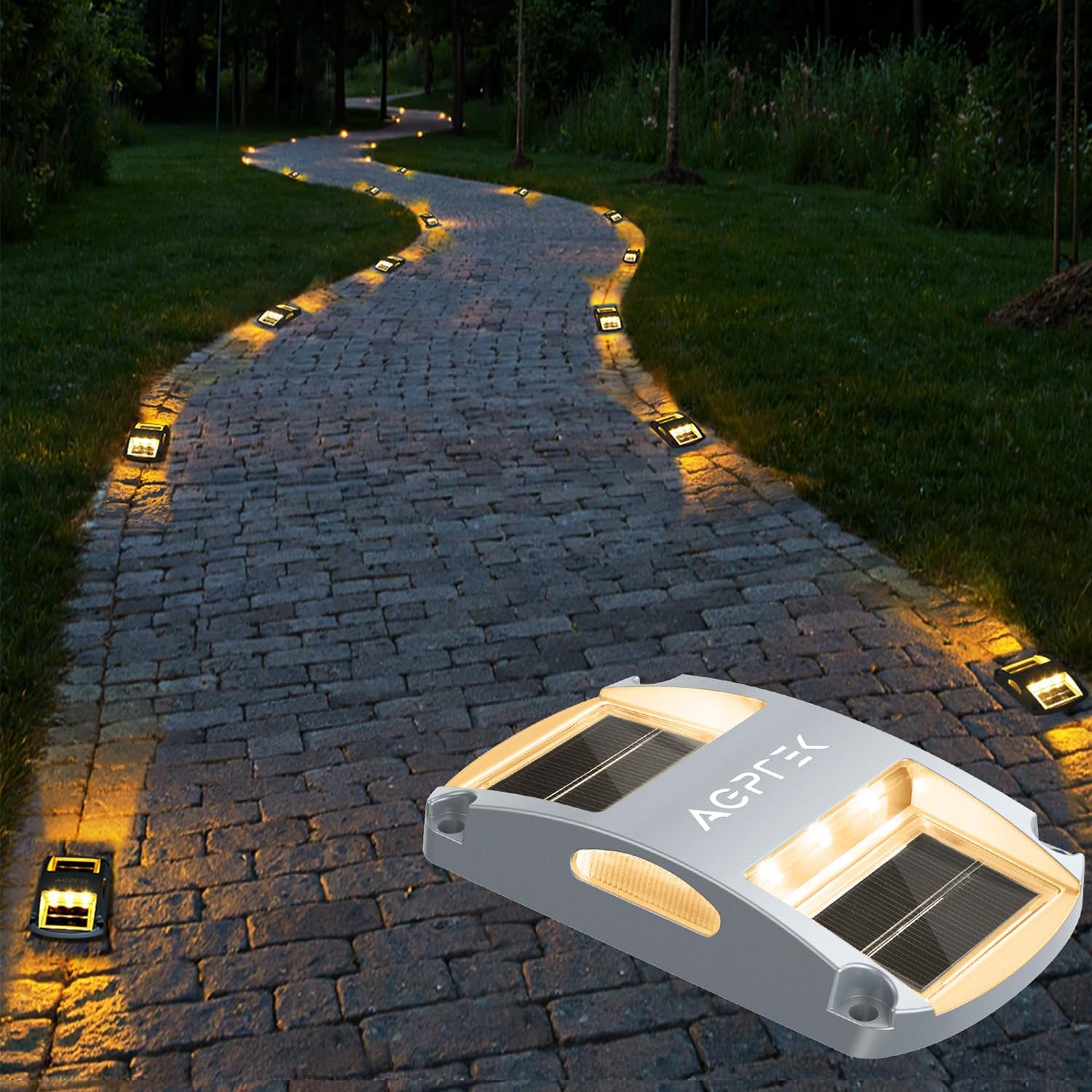 AGPTEK Solar Driveway Lights 20 Pack, Outdoor Deck Dock Marine LED Solar Powered Waterproof Driveway Marker Lights for Warning Step, Sidewalk, Pathway, Garden, Yard (Warm White)