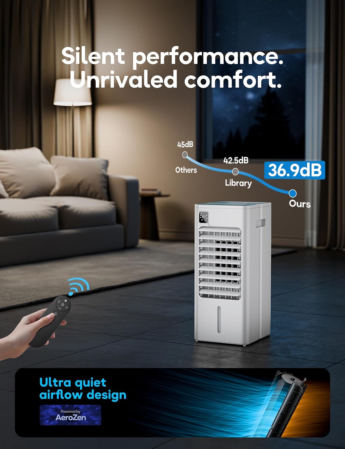 Portable Air Conditioner, Evaporative Air Cooler Windowless with Remote, 3 Speeds, 12H Timer, Oscillating Swamp Cooler for Bedroom, Living Room, White