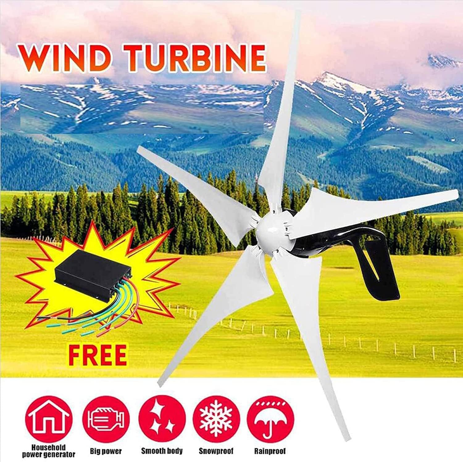 LiuSj JUnSt 4000W Small Windmill Turbines Generator,12V 24V 48V 5 Blade Horizontal Wind Turbines with Controller for Marine Home Charging (White),12v