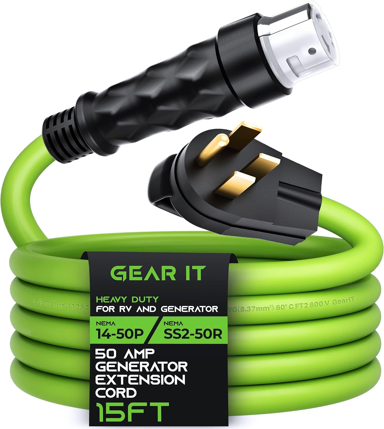 GEARit 50-Amp Generator Extension Cord, 125/250V for 50A Power Inlet Box, NEMA 14-50P to SS2-50R Twist Lock Connector STW 6/3+8/1 AWG, RV, Camper, Generator to House, 15 Feet (4.5 Meters)