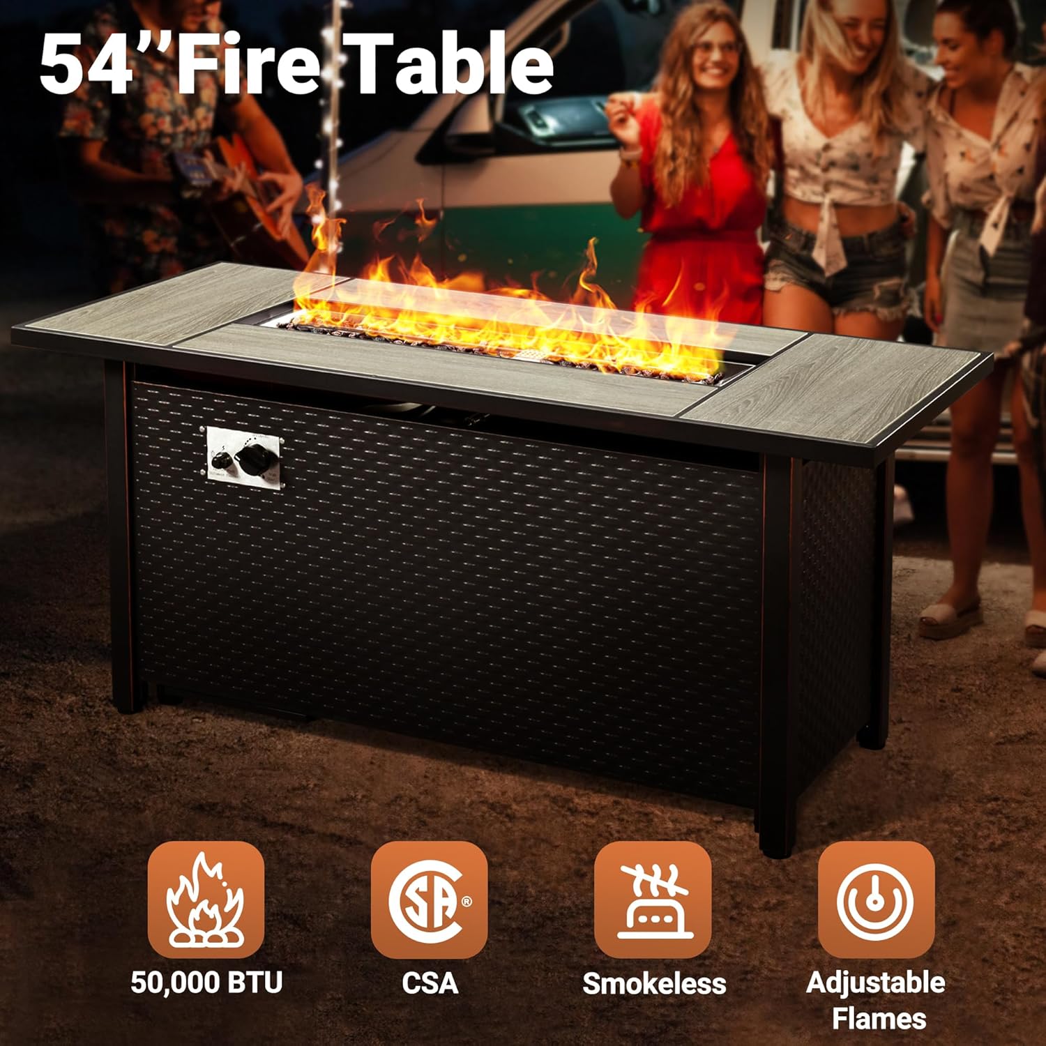 10 PCS Outdoor Patio Furniture 54in Set with Fire Pit Table, All-Weather Rattan Wicker Conversation Group with Deep Seating, High Back Comfort for Porch, Backyard, Beige