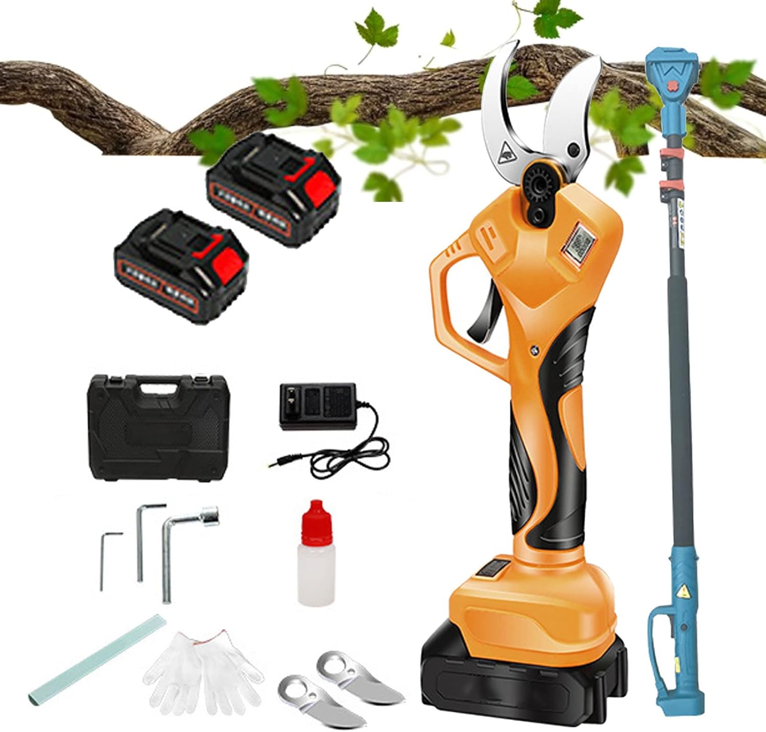 Electric Pruning Shears Branch Scissor Cutter Pruner with Reach Extension Pole 130-240cm Telescopic Electric Secateur Cutting Diamete 40mm for Gardening Rechargeable Outdoor Branch Cutter