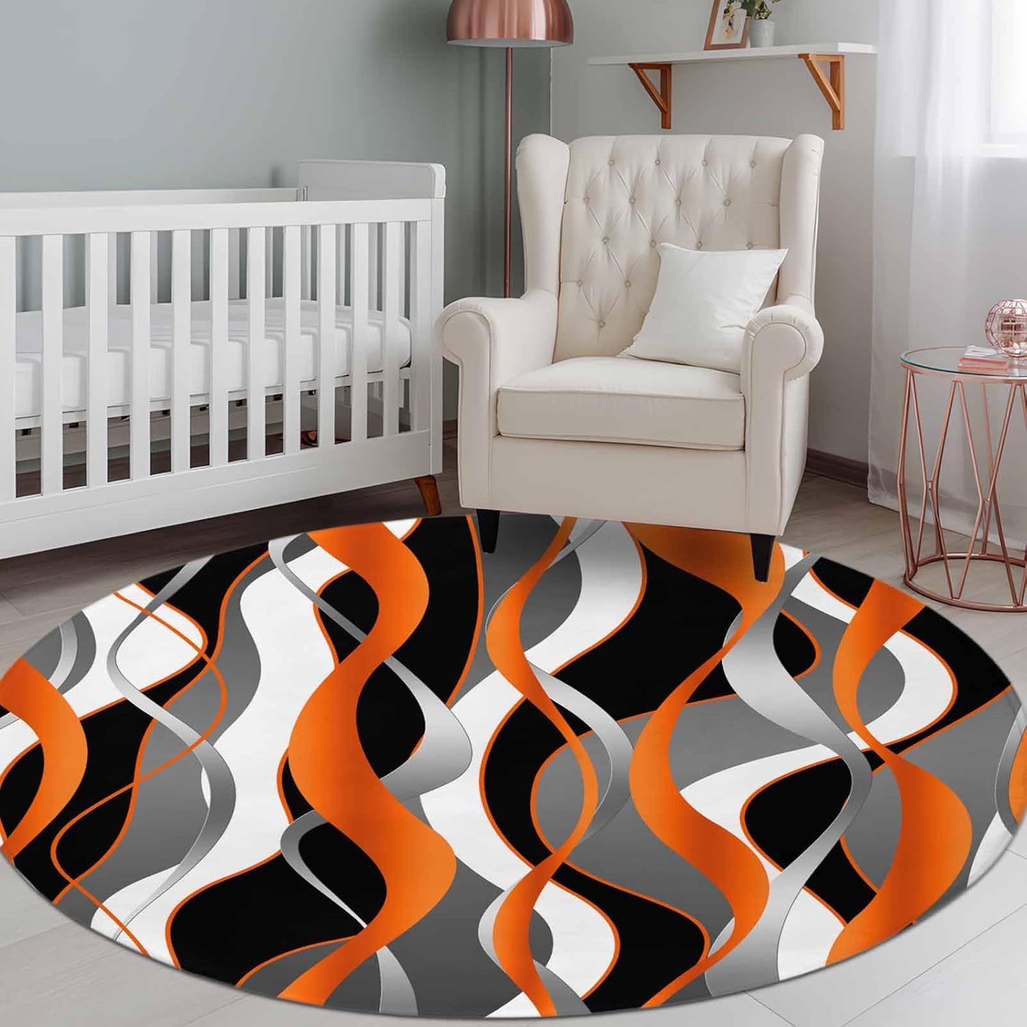 Round Area Rug,8ft Washable Circle Rugs Abstract Orange Twisted Lines Soft Non-Slip Carpet Indoor Floor Mat for Home Living Room Bedroom Office,Classic Geometric Art