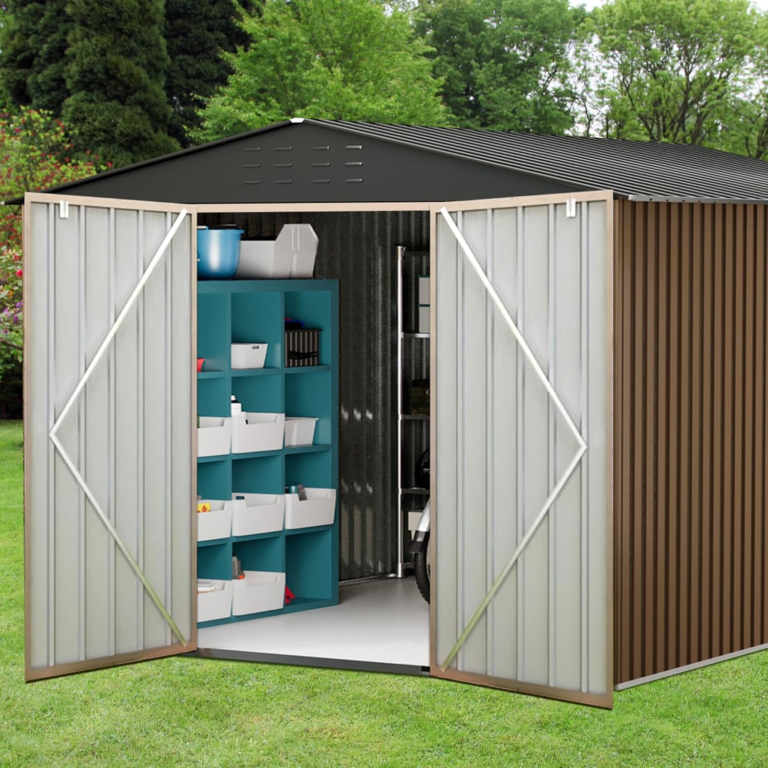 Large Metal Storage Shed, 8x12 FT Outside Storage Shed, Outdoor Storage Tool Shed with Lockable Doors and Air Vents, Garden Sheds for Backyard