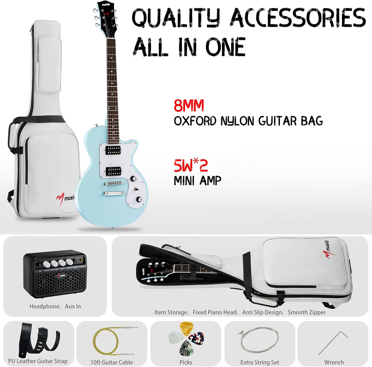 39 Inch Electric Guitar Kit, Beginner Full Size Solid Body Electric Guitar With HH Pickups, Gig Bag, Amplifier, Strap, Cable, Picks, String (Blue+Amp+Bag)