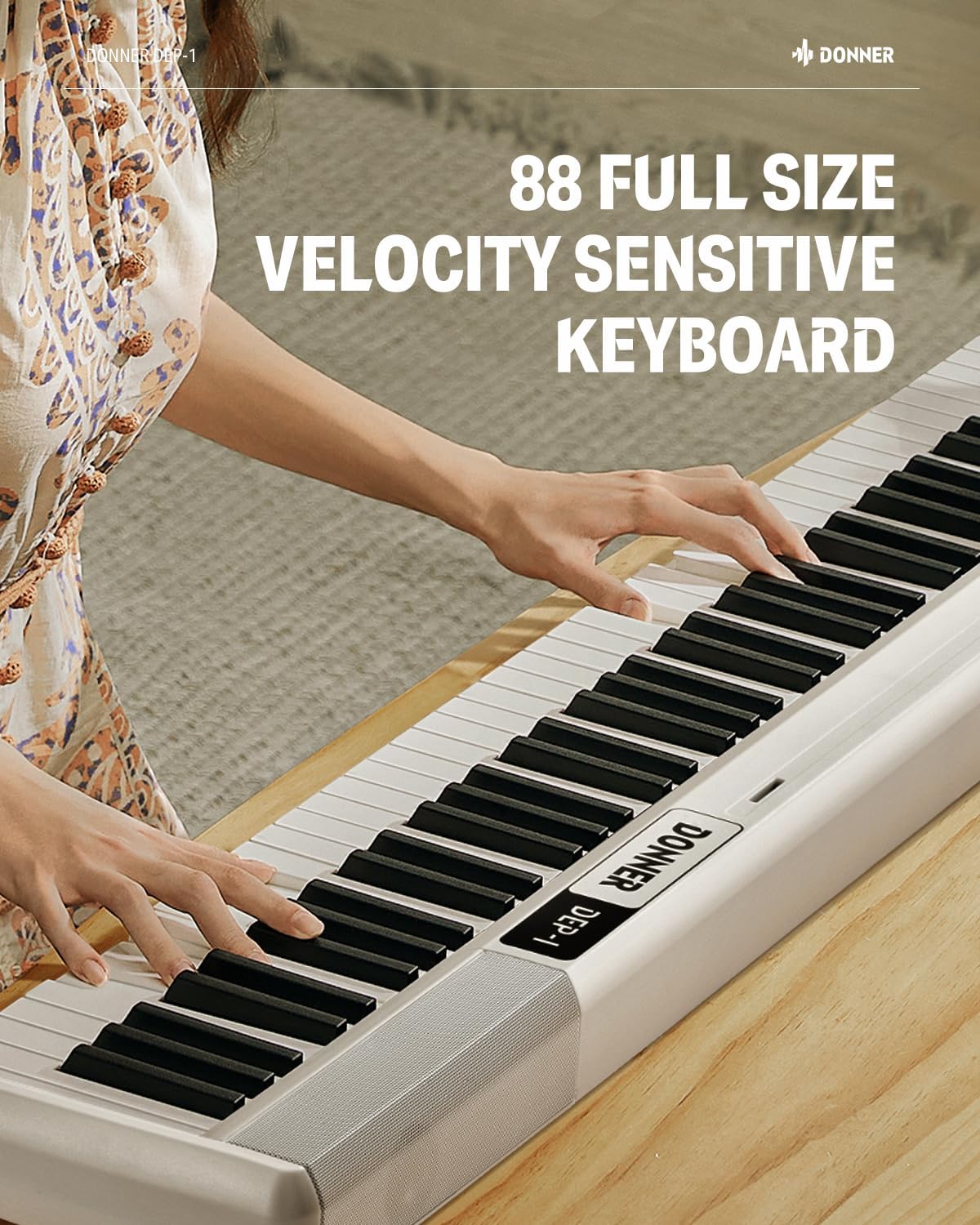 Donner DEP-1 Piano Keyboard 88 Keys, Beginner Digital Keyboard Piano Velocity-Sensitive Keys, Portable Electric Piano with Stand, Sustain Pedal, Carrying Case and Keyboard Stickers, White