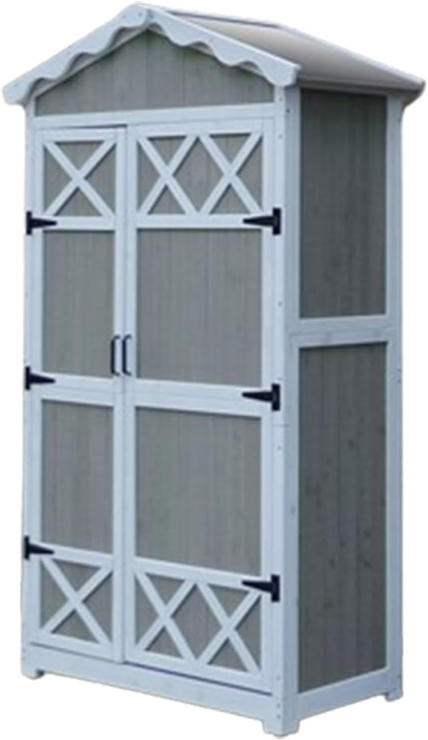 Wooden Storage Shed, Wooden Outdoor Storage Cabinet with Double Doors for Patio, Outdoor Storage Cabinet with 4 Shelves and Pitched Galvanized Sheet Roof (One Color White and Gray)