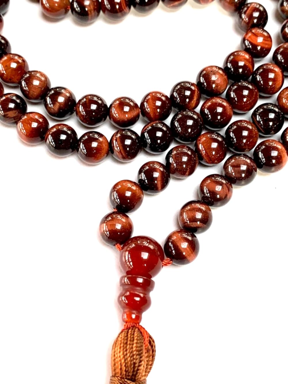 AWAKEN YOUR KUNDALINI Red Tiger's Eye Tiger Eye Beaded Mala Necklace - 8mm 108 Prayer Beads Rosary - Power, Authority, Boost Libido, Vitality