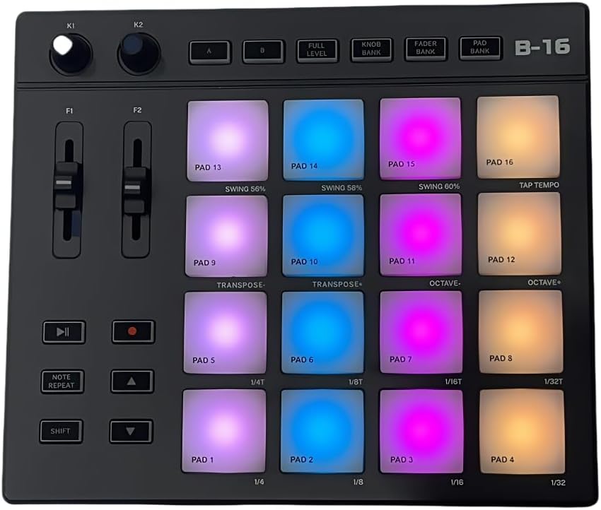 MIDI Pad Controller - Portable MIDI Drum Pad Controller with 16 RGB Backlit Beat Pad, 2 Assignable Fader, 2 Adjustable Knobs, USB MIDI Beat Maker Machine for Music Production