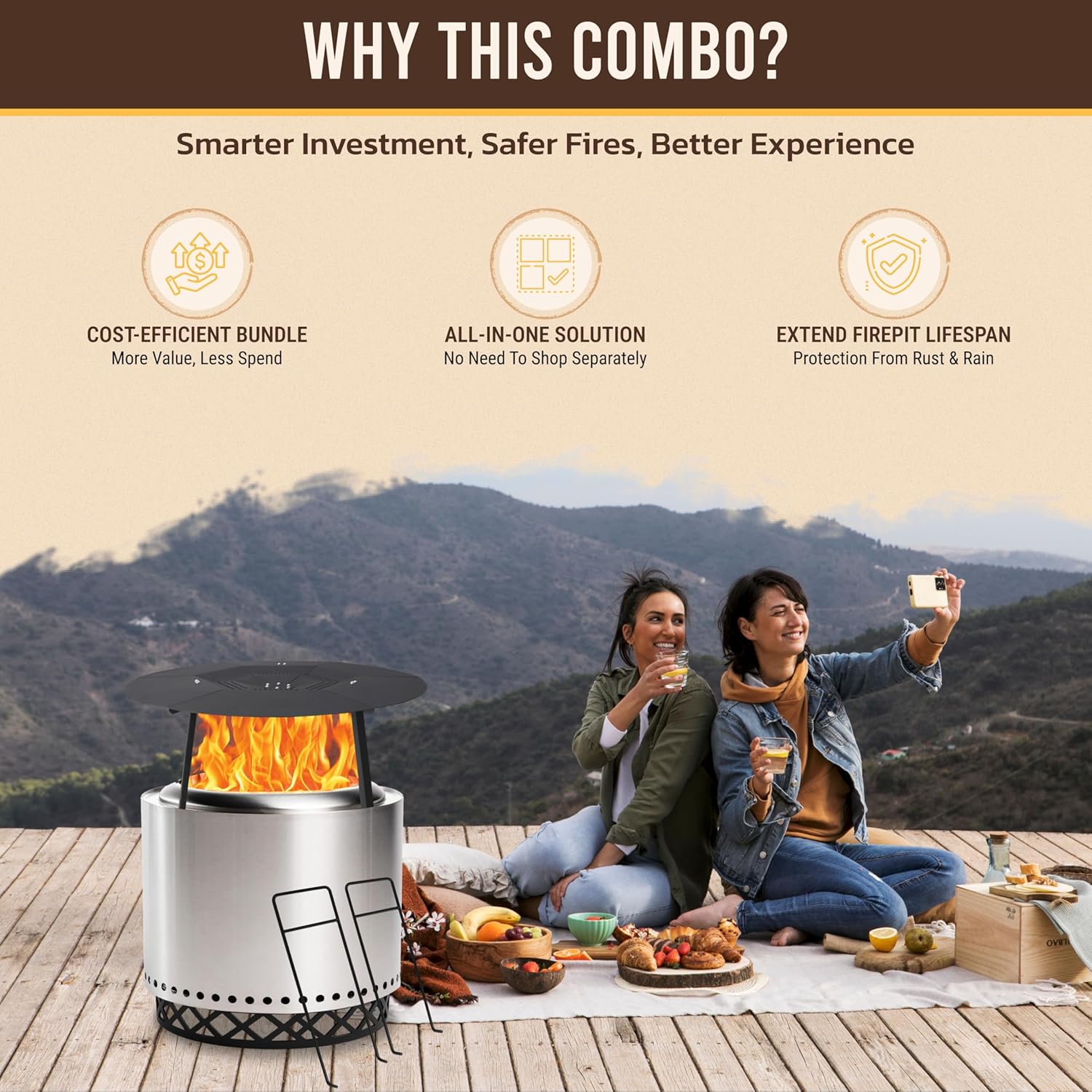 FEBTECH Spark Screen, Heat Deflector, Firepit Lid, Trolley Stand and Base Ring Combo - Compatible with Solostove Bonfire and Other 19.5