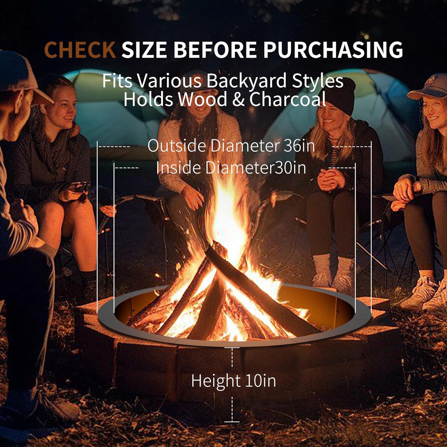 Outdoor Smokeless Fire Pit Ring Insert,30 Inch Inner|36 Inch Outer Diameter, Heavy Duty Metal Round Fire Ring for Outside Wood Burning, Black