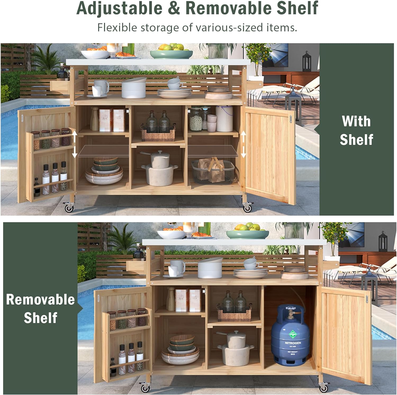 Outdoor Kitchen Island, Rolling Bar Cart & Storage Cabinet, Farmhouse Solid Wood Outdoor Grill Table with Stainless Steel Top, Spice Rack, Towel Rack for Kitchen & BBQ (Natural)